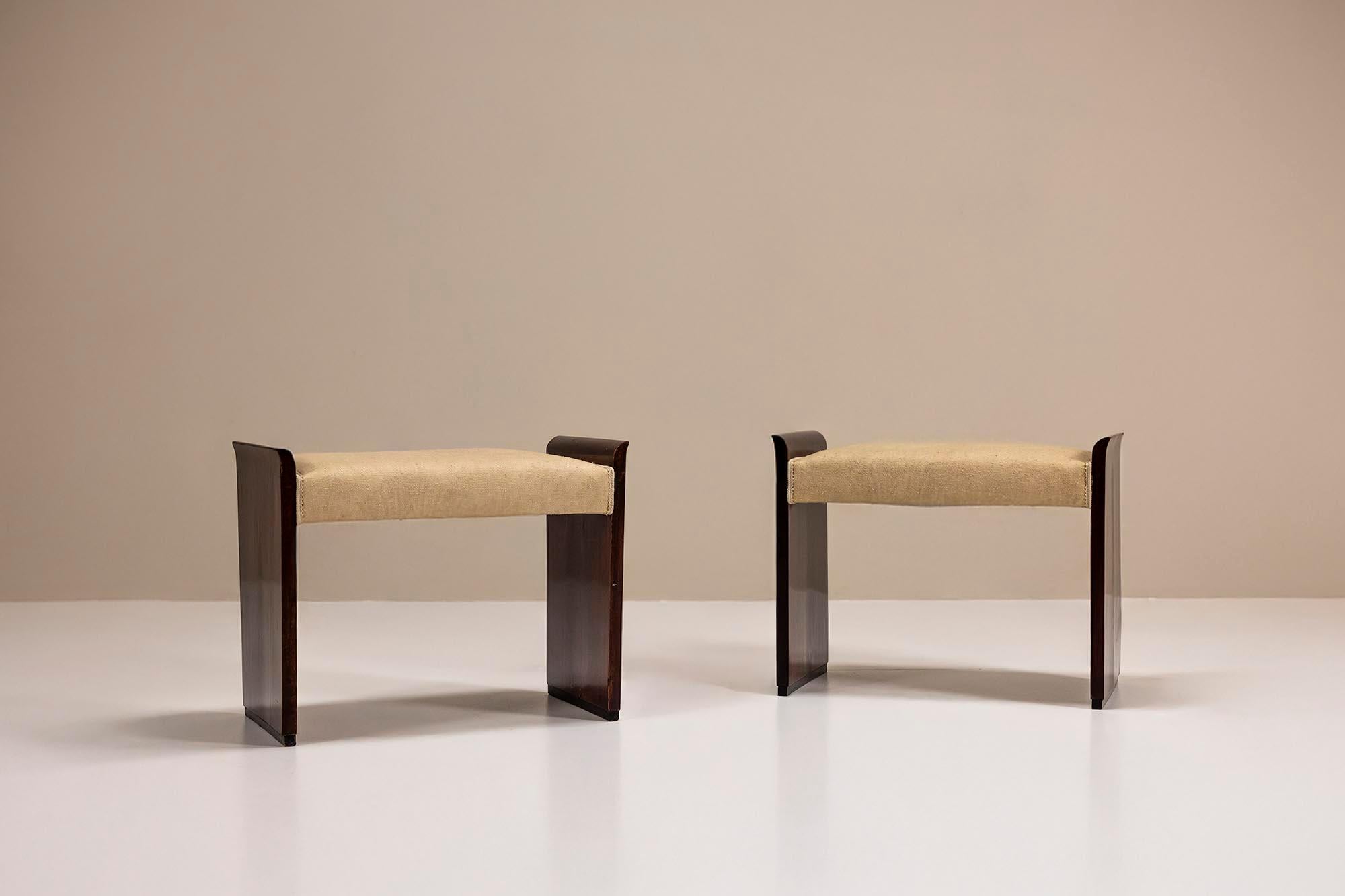 French Pair Art Deco Stools in Mahogany, 1930s For Sale