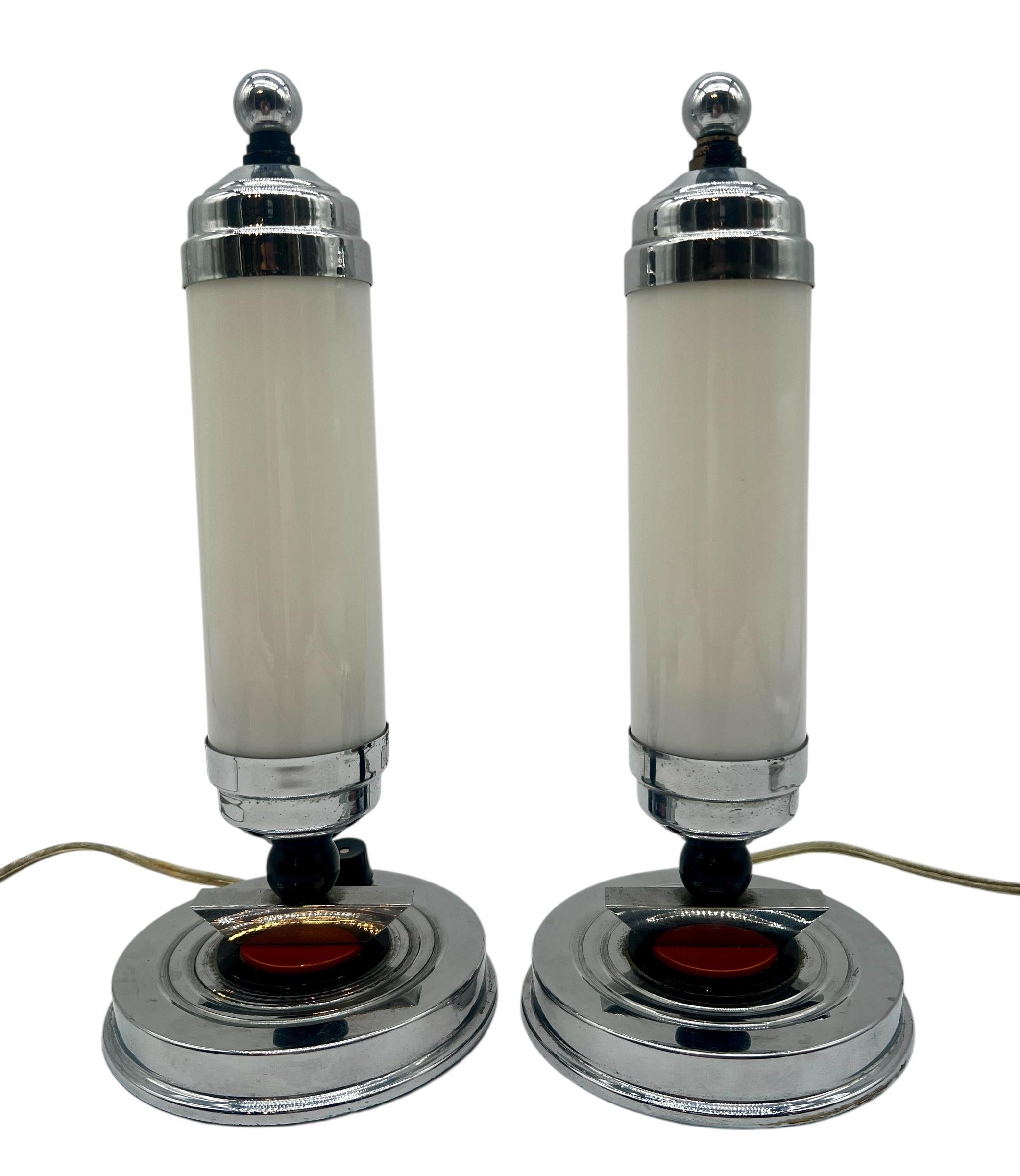 20th Century Pair Art Deco Streamline Chrome Bullet Lamps For Sale