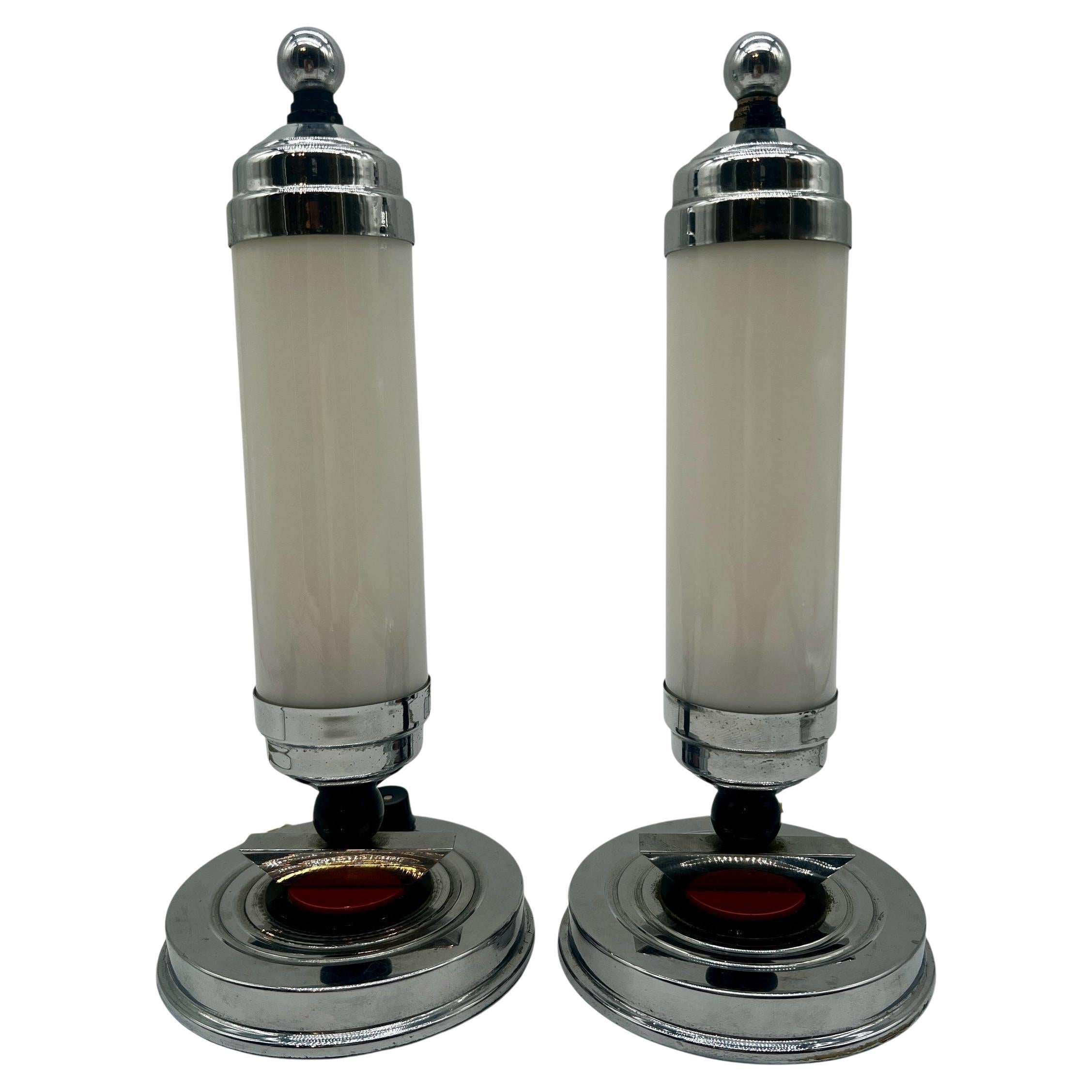 Pair Art Deco Streamline Chrome Bullet Lamps For Sale