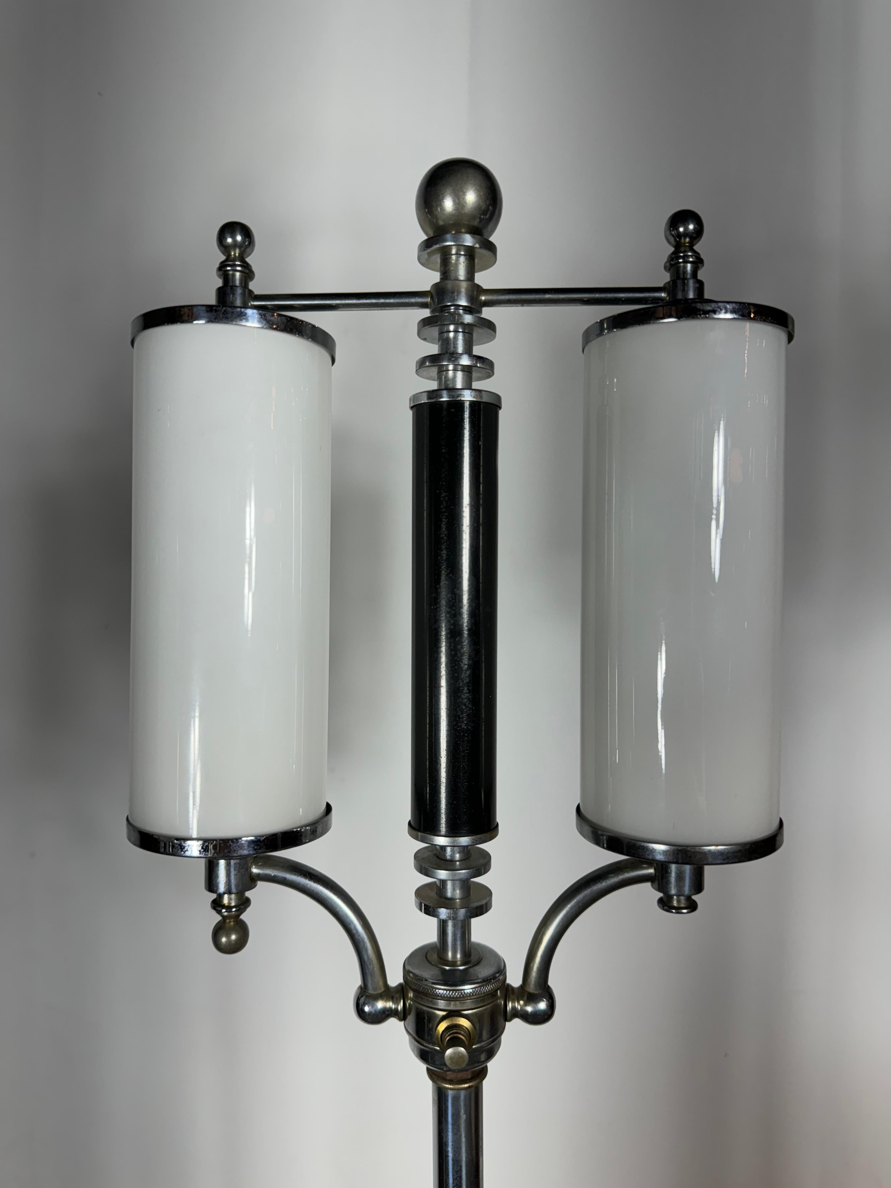 Pair Art Deco / Streamline Chrome & Glass Floor Lamps , super stylized , I believe these to be European , Possibly French? Very High Style Art Deco  / Machine age  but with an elegant spin. 