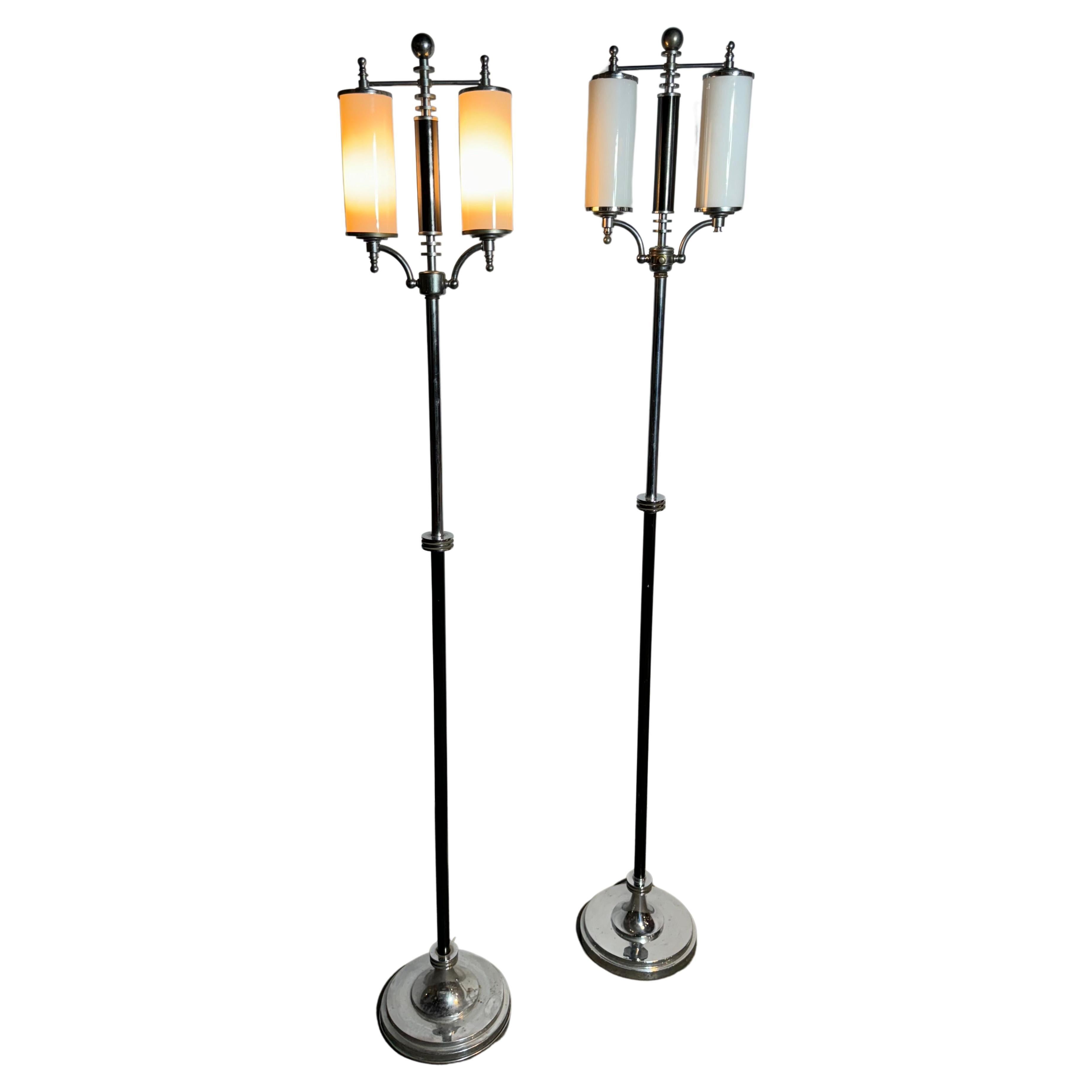 Pair Art Deco / Streamline Chrome & Glass Floor Lamps , super stylized France? For Sale