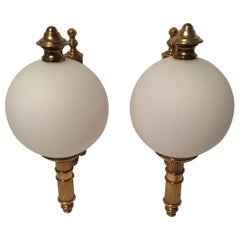 Pair Art Deco Style Brass and Milk Glass Sconces from Germany