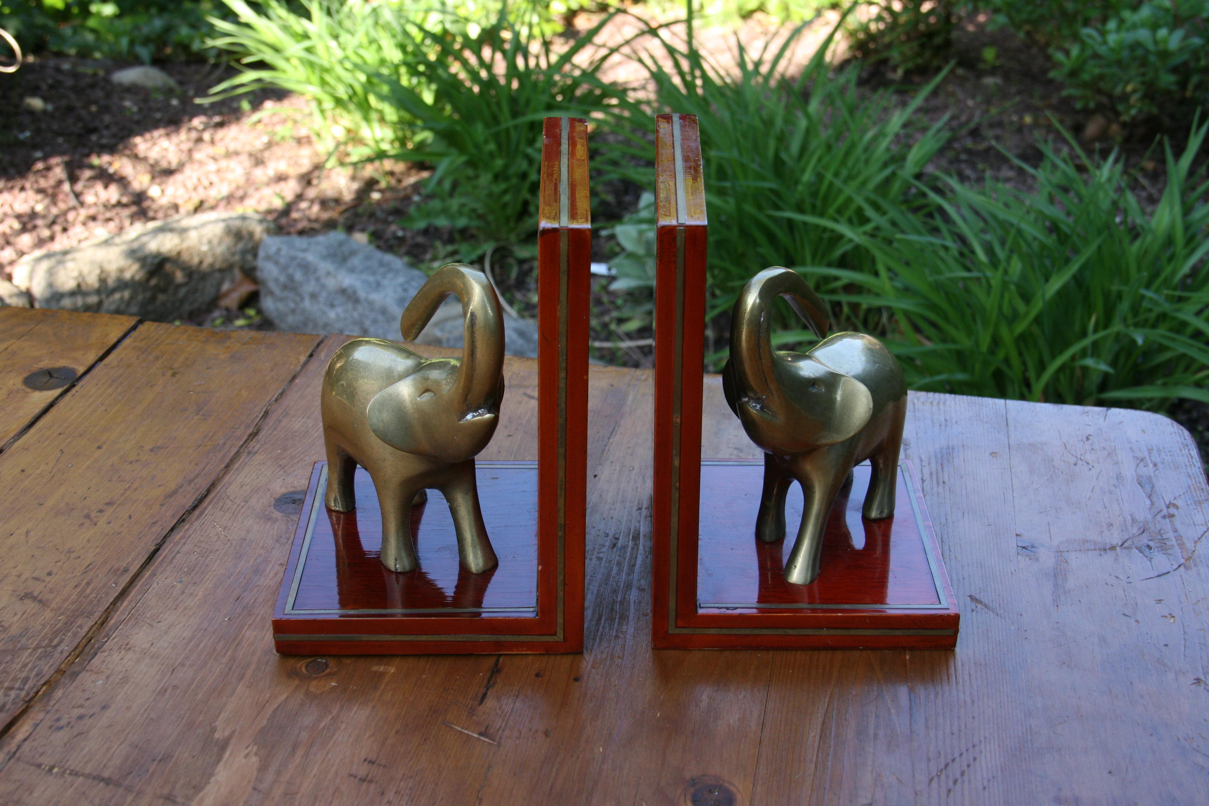 Pair Art Deco Style Brass and Wood Elephant Sculpture Bookends 1960's