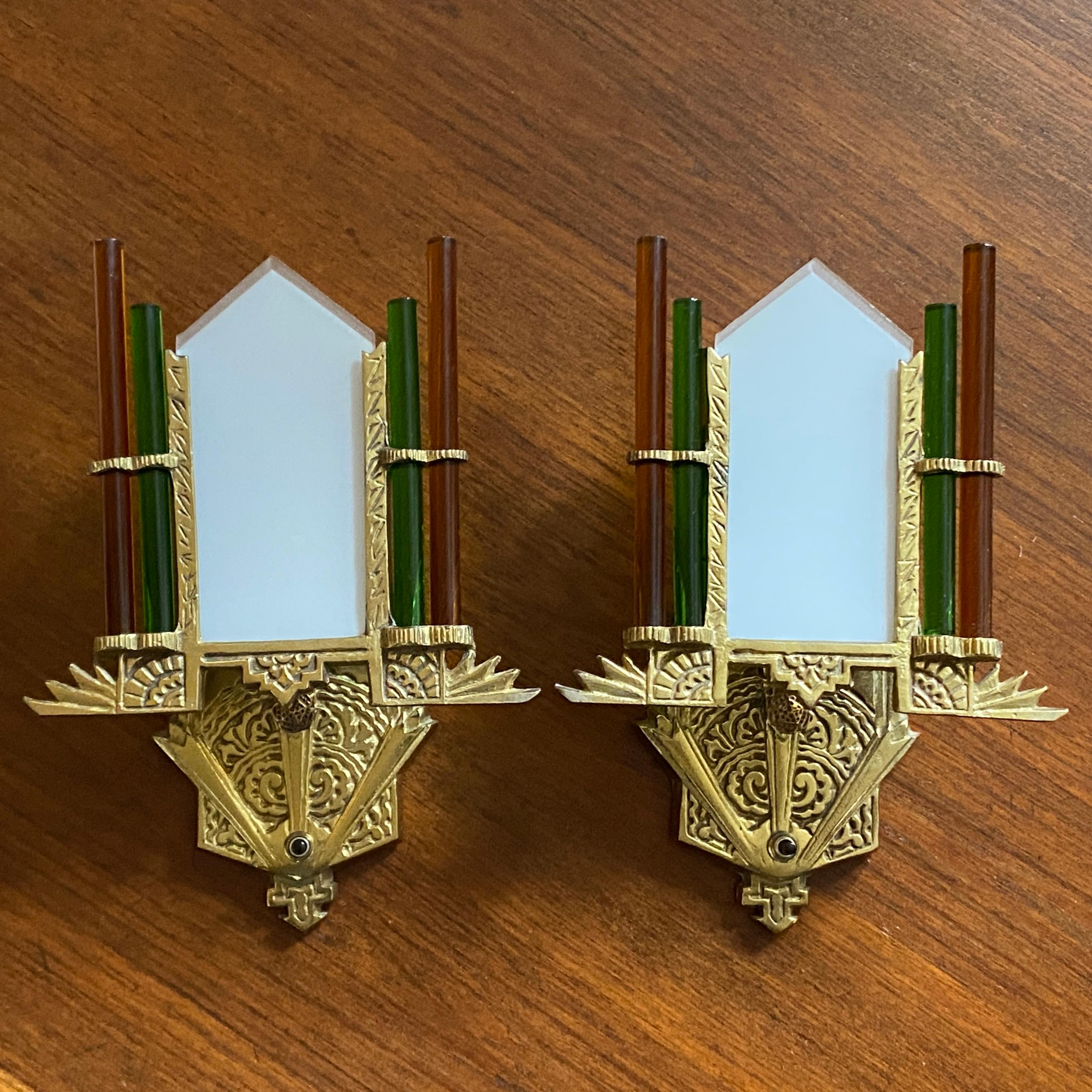 Pair Art Deco Style Brass Glass Wall Sconces For Sale 9