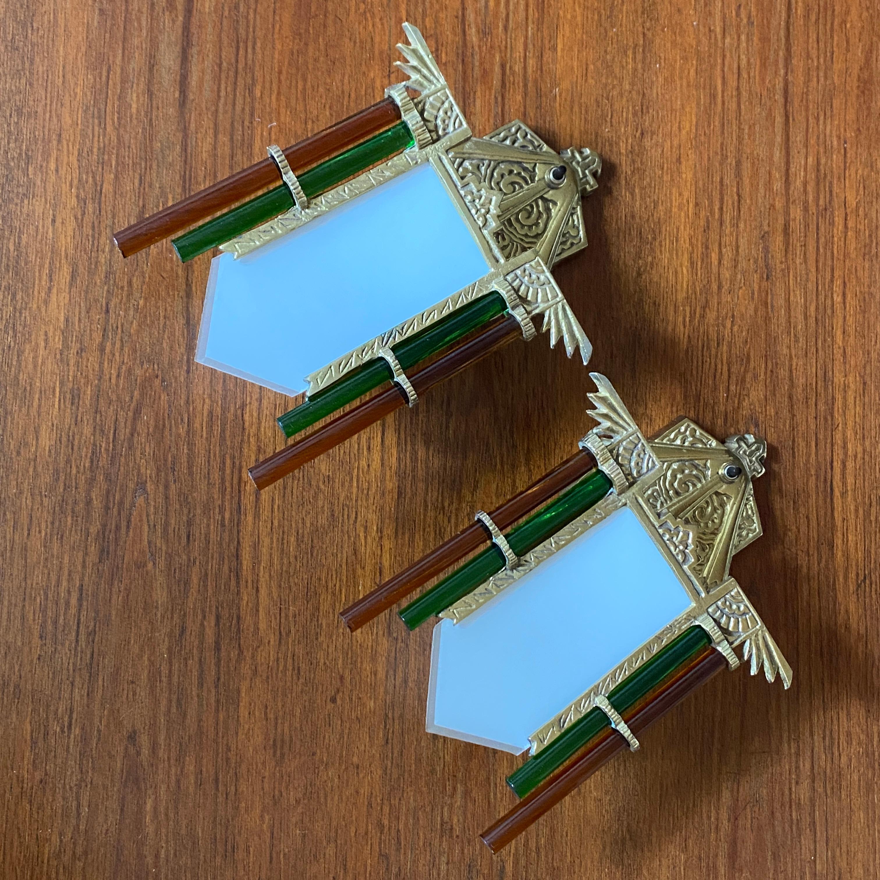 Pair Art Deco Style Brass Glass Wall Sconces For Sale 10
