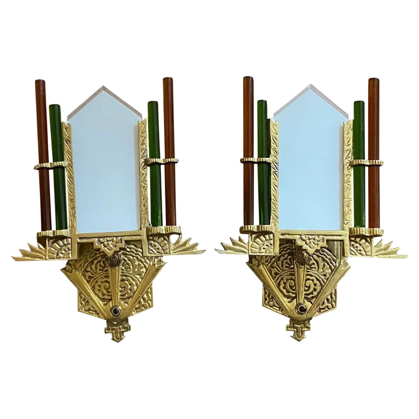 Pair Art Deco Style Brass Glass Wall Sconces For Sale