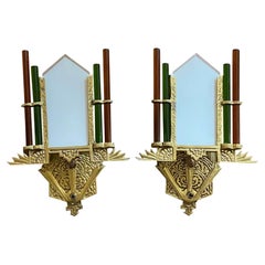 Vintage Pair Art Deco Style Brass Glass Wall Sconces