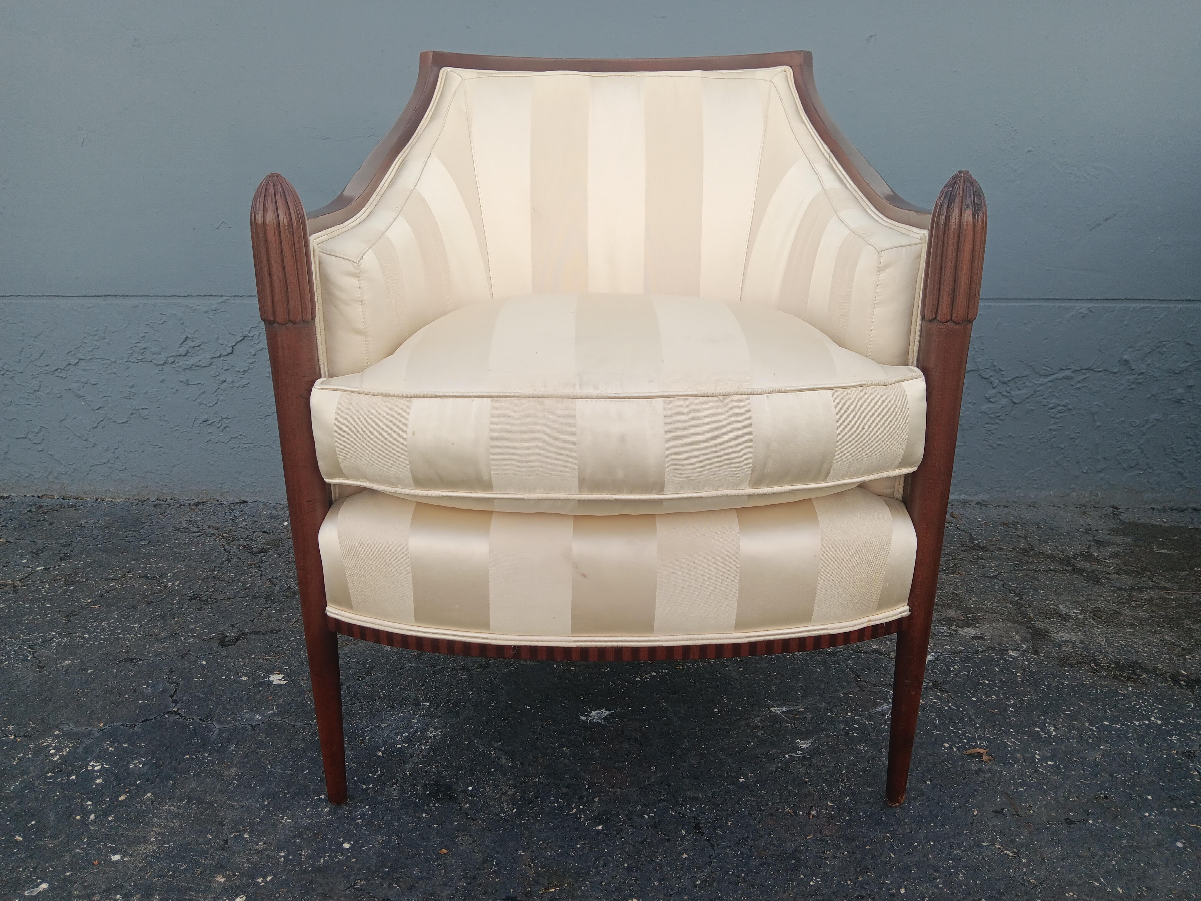 Pair Art Deco style Carved Wood/ Silk Upholstered Club Chairs by Baker Furniture For Sale 6