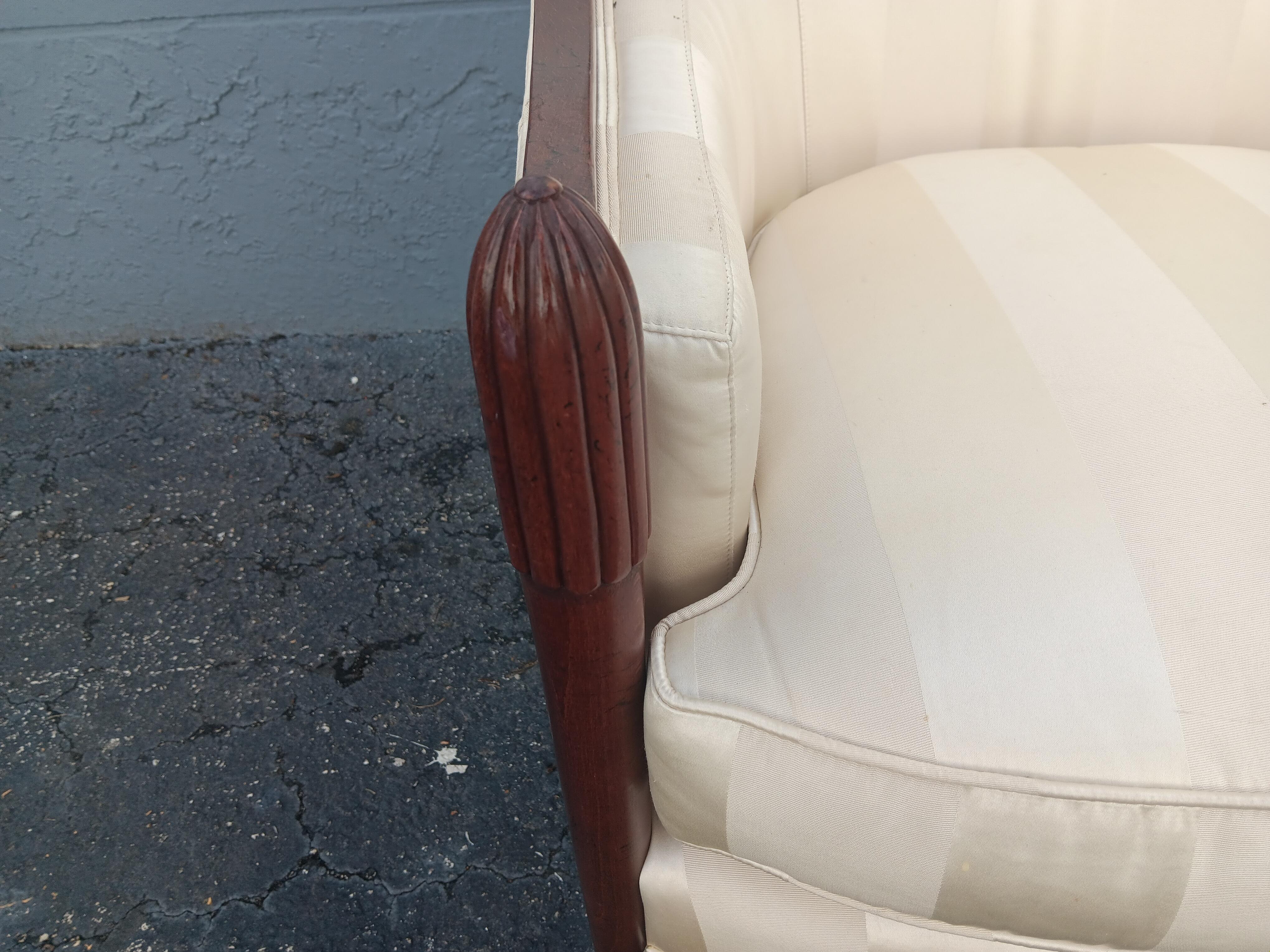 Pair Art Deco style Carved Wood/ Silk Upholstered Club Chairs by Baker Furniture For Sale 7