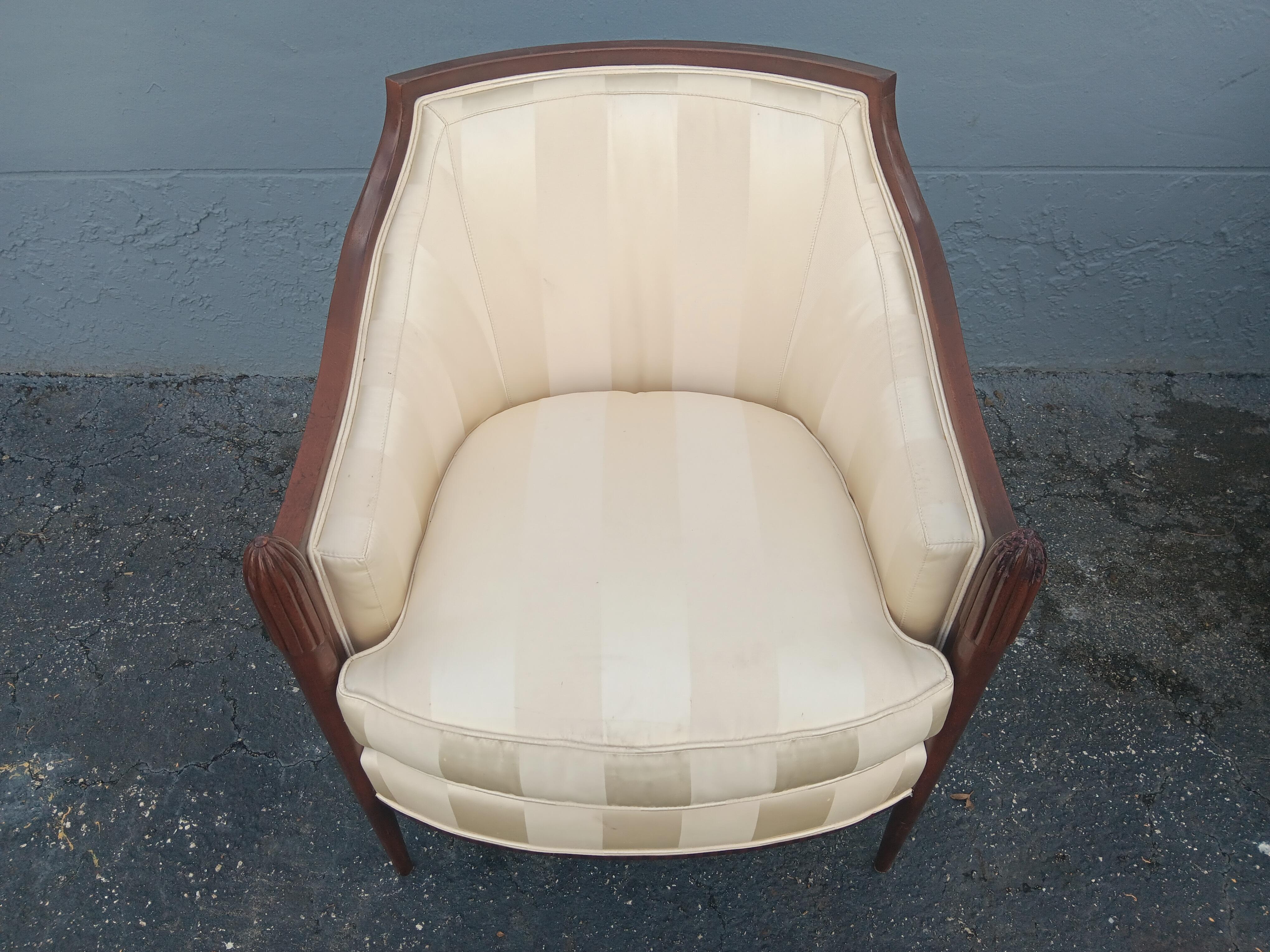 Pair Art Deco style Carved Wood/ Silk Upholstered Club Chairs by Baker Furniture For Sale 9