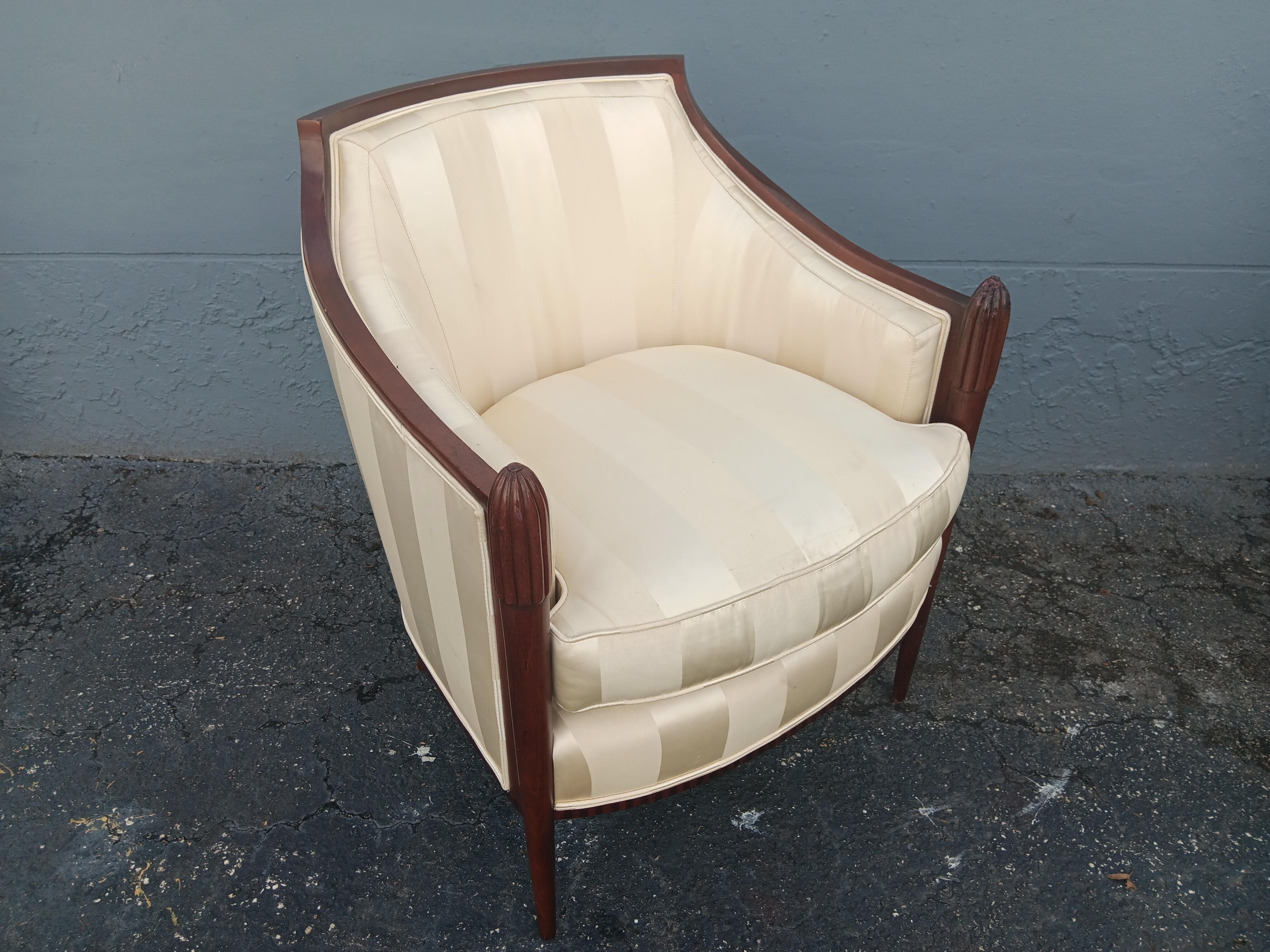 Pair Art Deco style Carved Wood/ Silk Upholstered Club Chairs by Baker Furniture For Sale 11