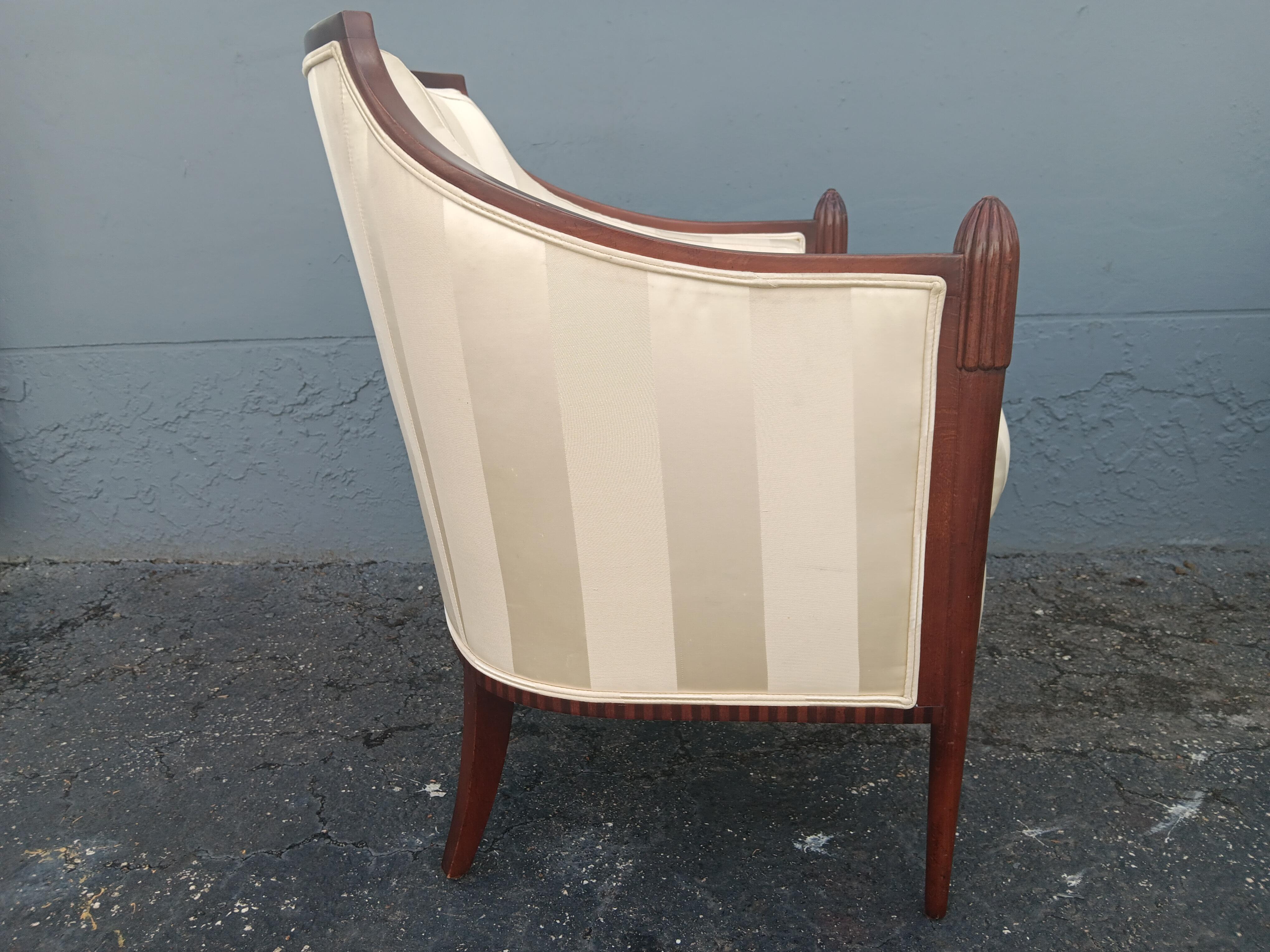 Pair Art Deco style Carved Wood/ Silk Upholstered Club Chairs by Baker Furniture For Sale 12