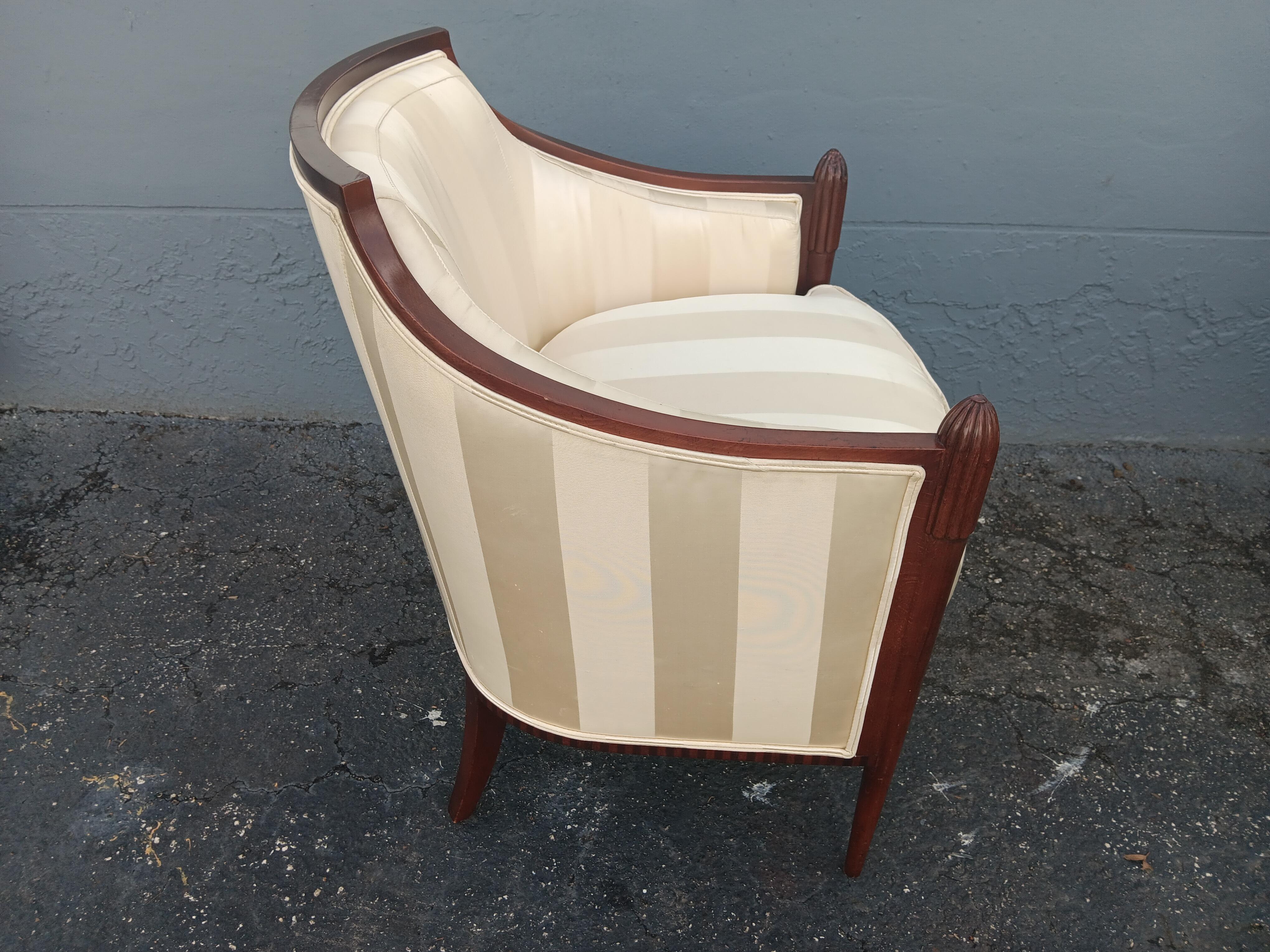 Pair Art Deco style Carved Wood/ Silk Upholstered Club Chairs by Baker Furniture For Sale 13