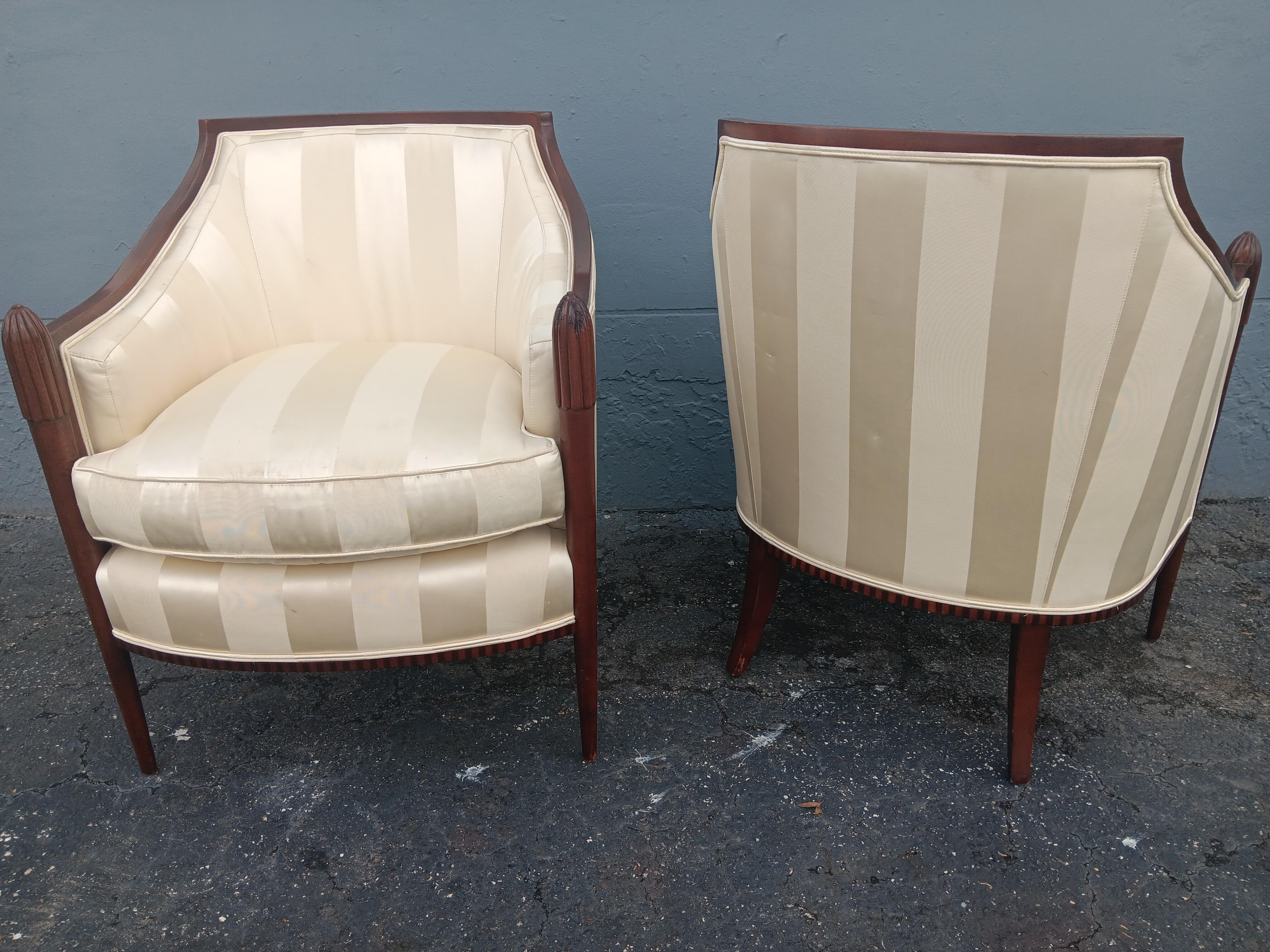 Pair Stunning Designer Art Deco style Carved Wood with Silk Upholstered Club Chairs by Baker Furniture. This pair is stunning high end seating. Purchased at a Miami Beach Estate Sale.