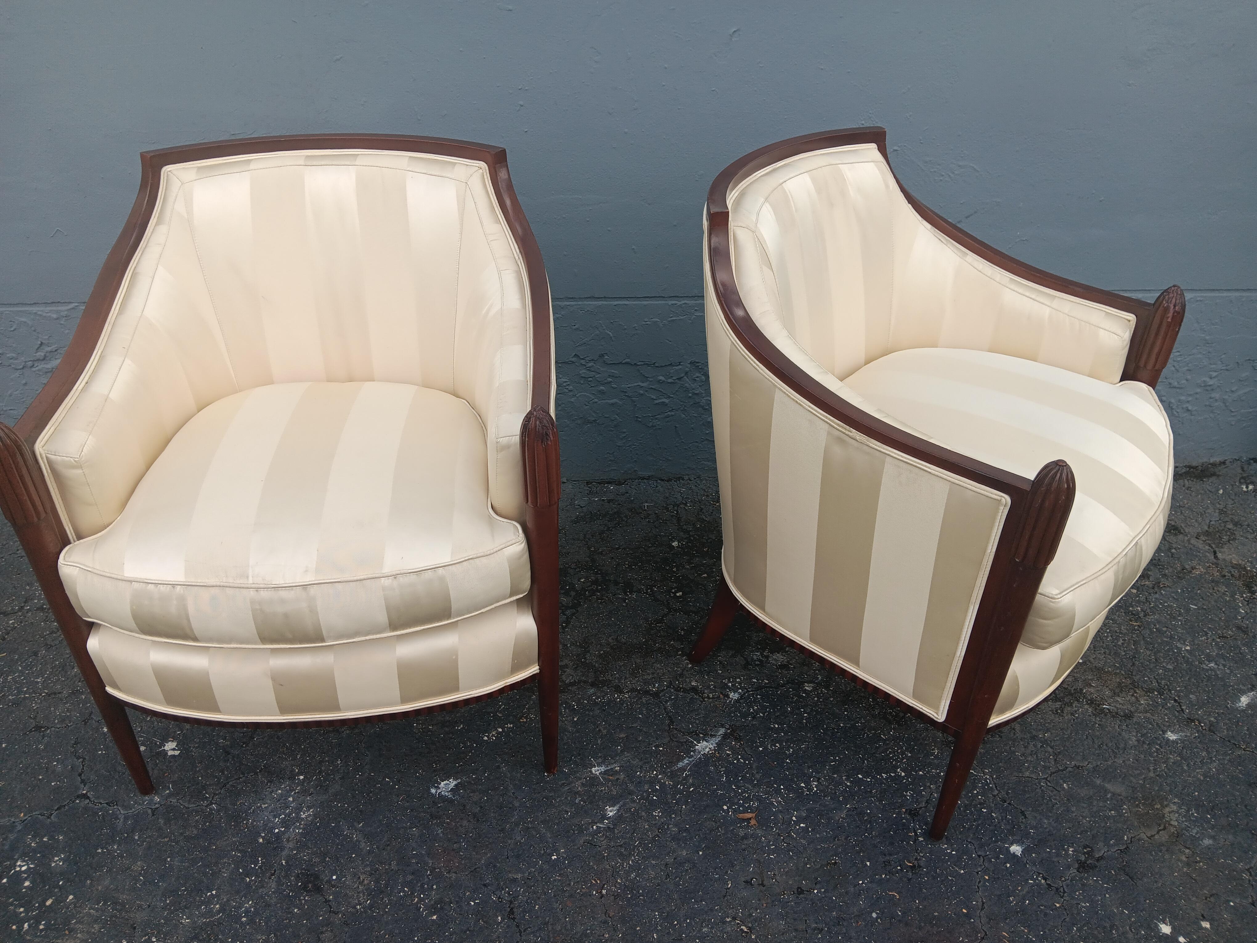 Pair Art Deco style Carved Wood/ Silk Upholstered Club Chairs by Baker Furniture In Good Condition For Sale In Opa Locka, FL