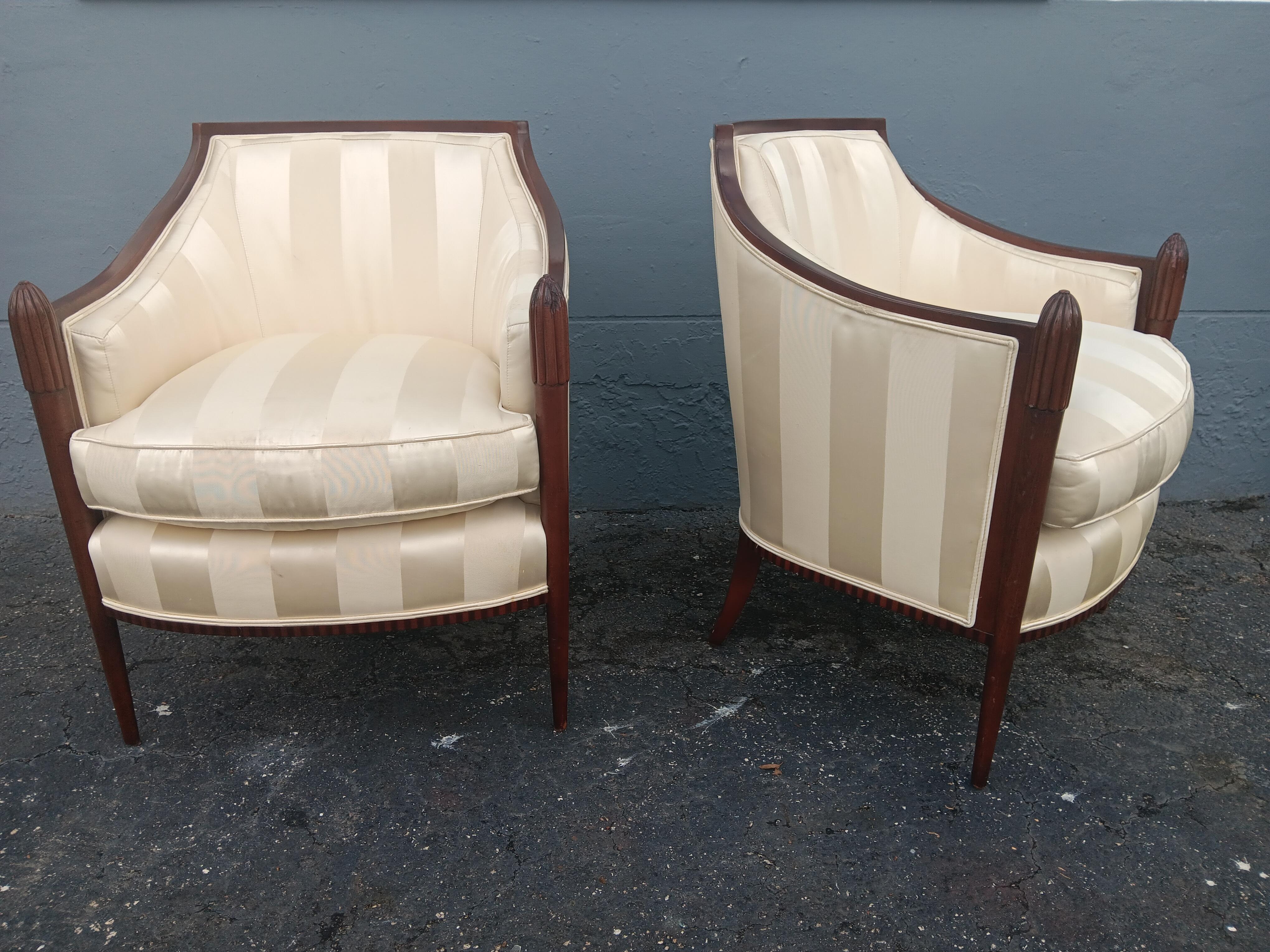 Late 20th Century Pair Art Deco style Carved Wood/ Silk Upholstered Club Chairs by Baker Furniture For Sale