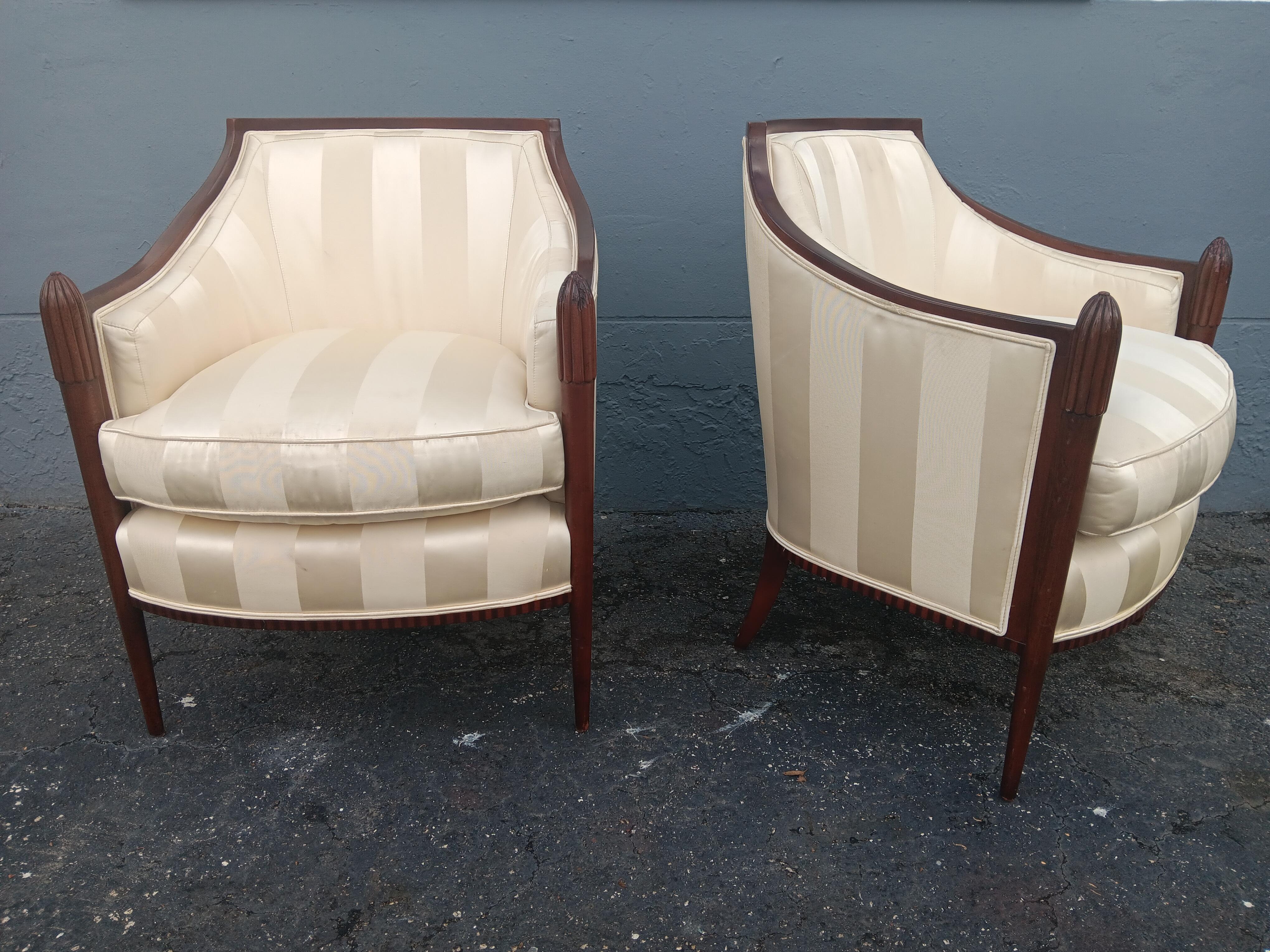 Pair Art Deco style Carved Wood/ Silk Upholstered Club Chairs by Baker Furniture For Sale 1