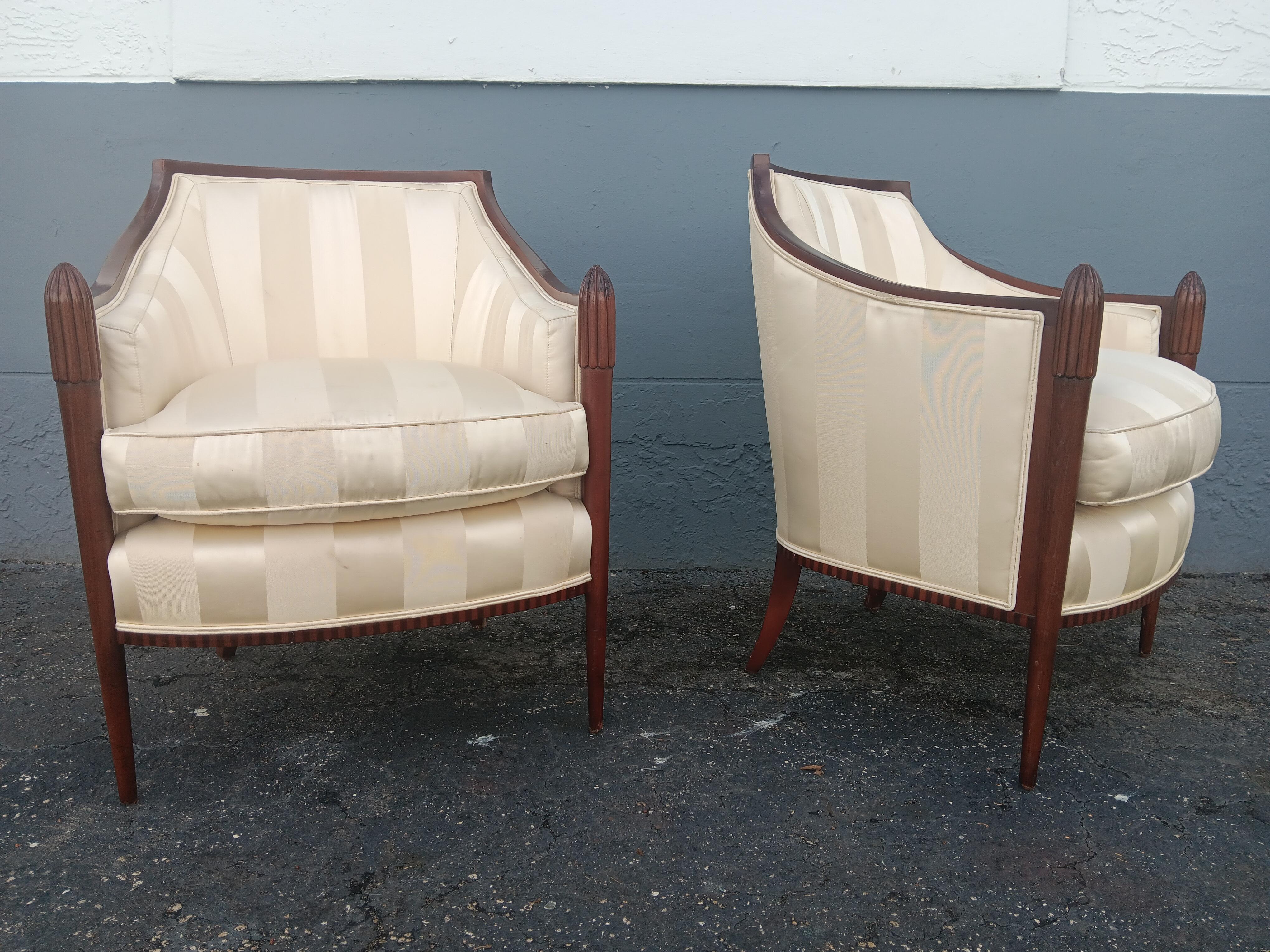 Pair Art Deco style Carved Wood/ Silk Upholstered Club Chairs by Baker Furniture For Sale 3
