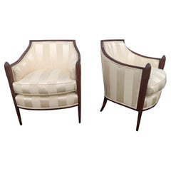 Pair Art Deco style Carved Wood/ Silk Upholstered Club Chairs by Baker Furniture