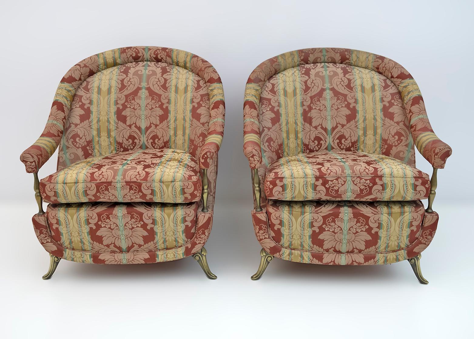 Art Deco Pair Art Dèco Style French Brass And Fabric Armchairs, 1950s For Sale