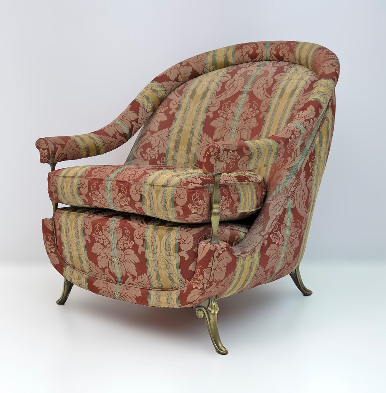 Paire de fauteuils en laiton et tissu de style Art déco, années 1950 Bon état - En vente à Puglia, Puglia