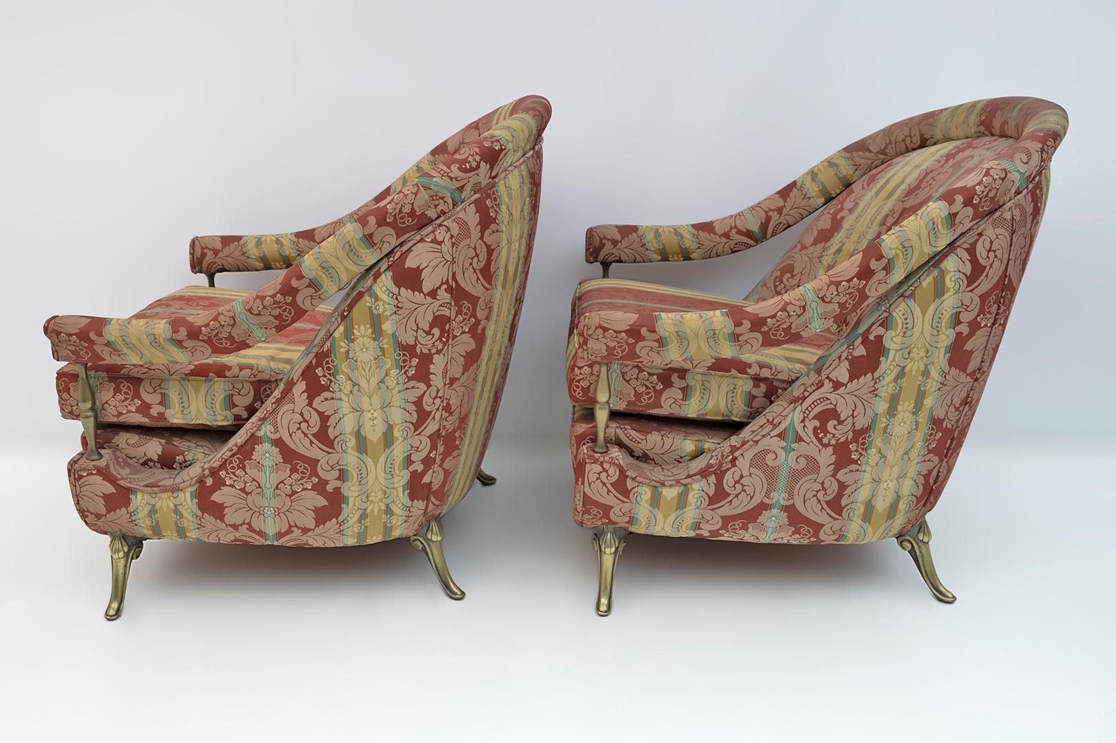 Mid-20th Century Pair Art Dèco Style French Brass And Fabric Armchairs, 1950s For Sale