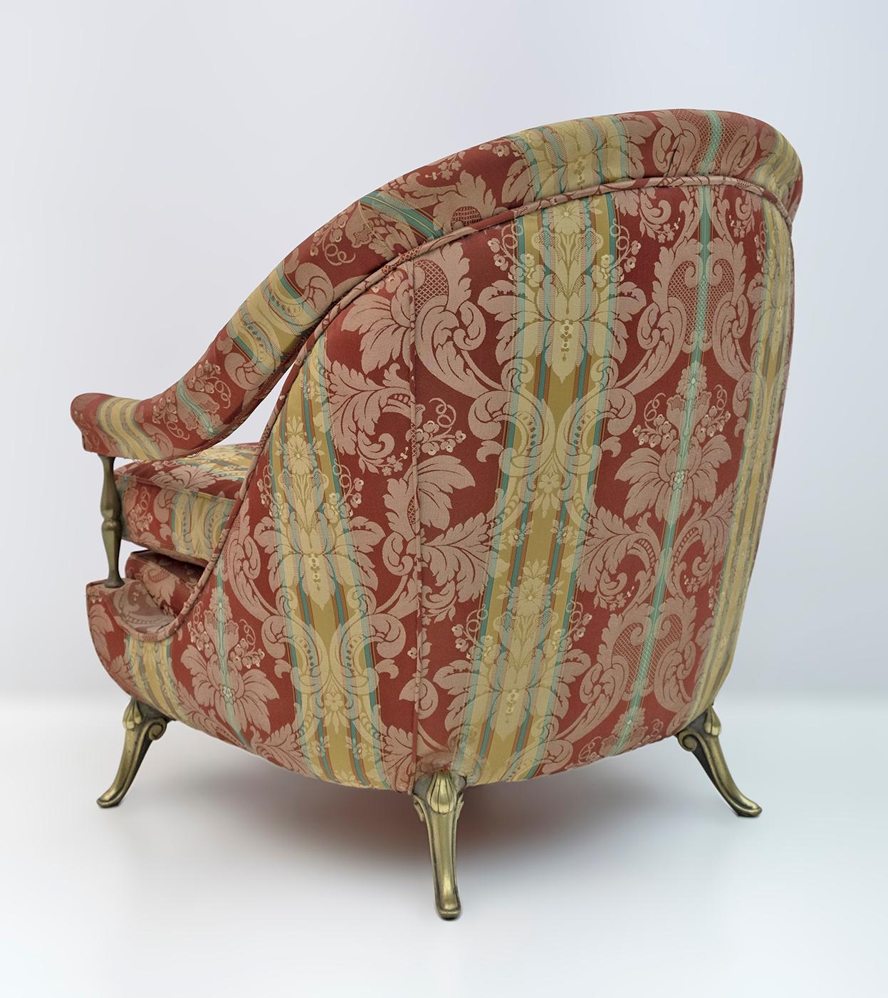 Pair Art Dèco Style French Brass And Fabric Armchairs, 1950s For Sale 1