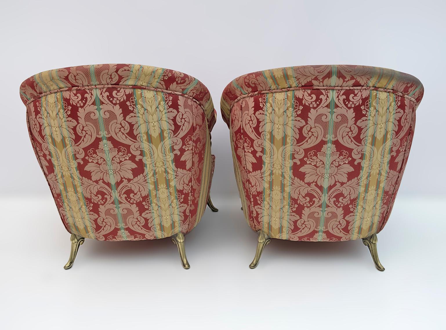 Pair Art Dèco Style French Brass And Fabric Armchairs, 1950s For Sale 2