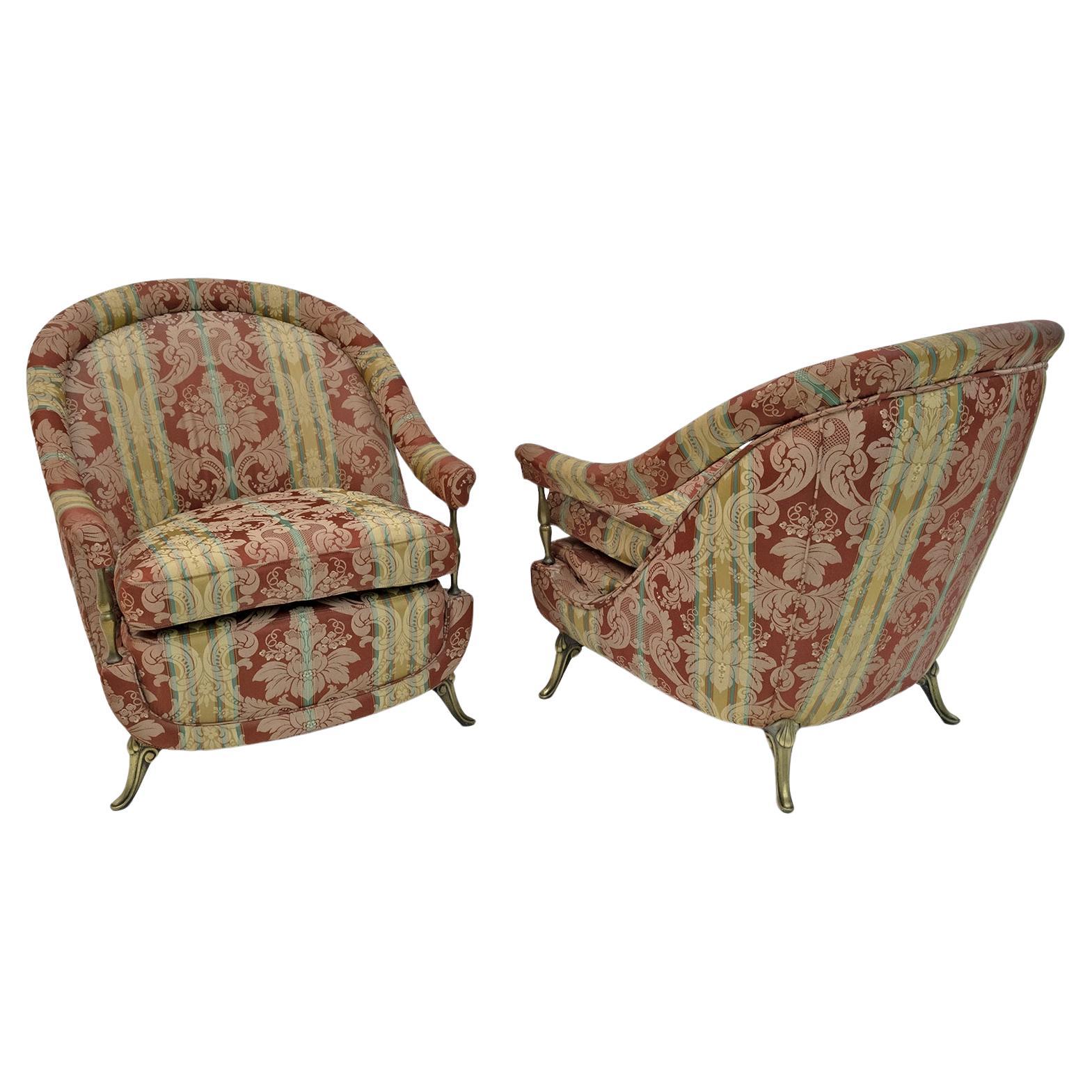 Pair Art Dèco Style French Brass And Fabric Armchairs, 1950s For Sale