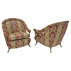 Retro Pair Art Dèco Style French Brass And Fabric Armchairs, 1950s