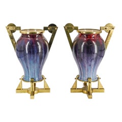 Pair Art Deco Style French Violet Flambe Glazed and Brass Mounted Vases Pair Art Deco Style French Violet Flambe Glazed and Brass Mounted Vases