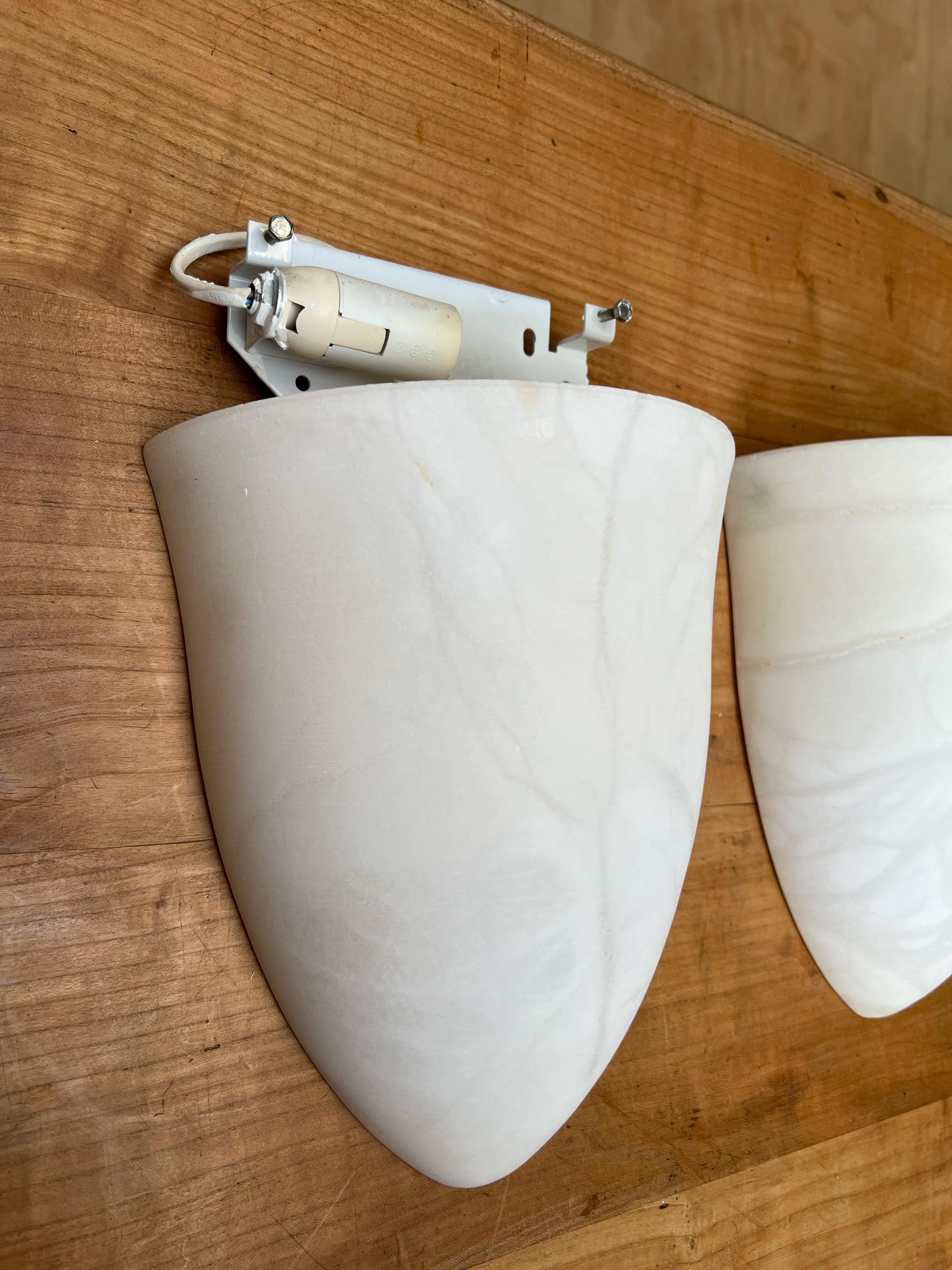 Pair Art Deco Style Midcentury Era Cocoon Shape White Alabaster Wall Sconces For Sale 7