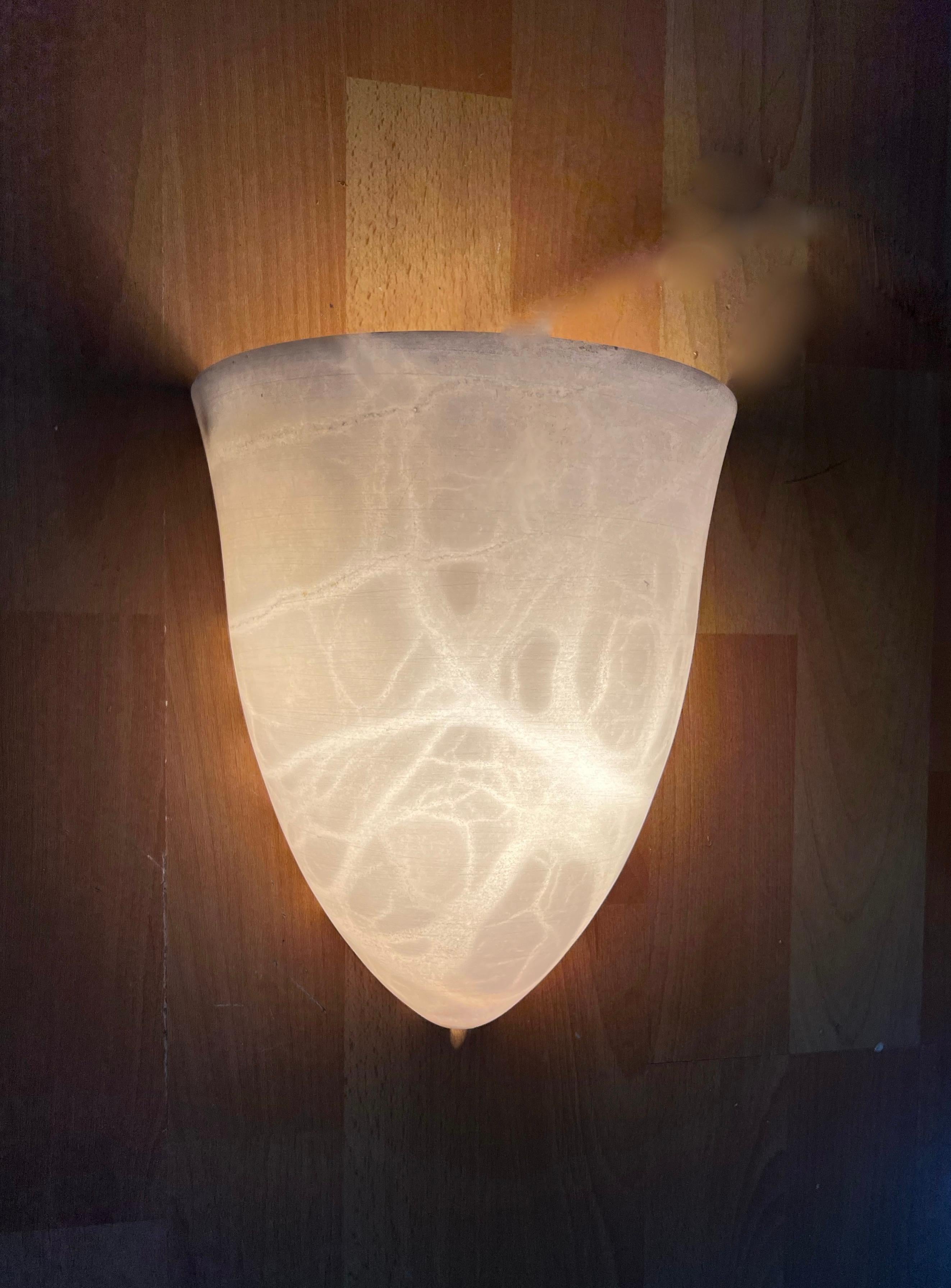 Hand-Carved Pair Art Deco Style Midcentury Era Cocoon Shape White Alabaster Wall Sconces For Sale