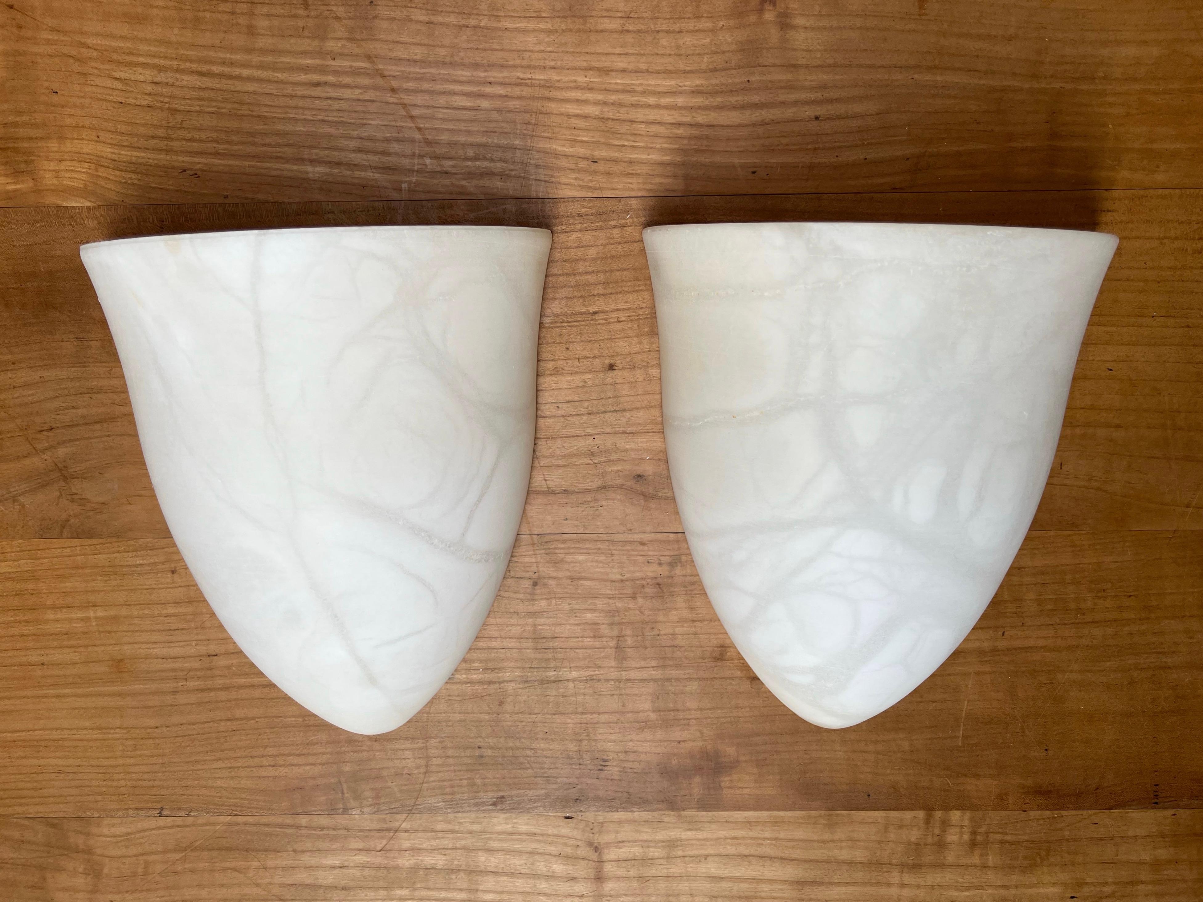Pair Art Deco Style Midcentury Era Cocoon Shape White Alabaster Wall Sconces For Sale 9