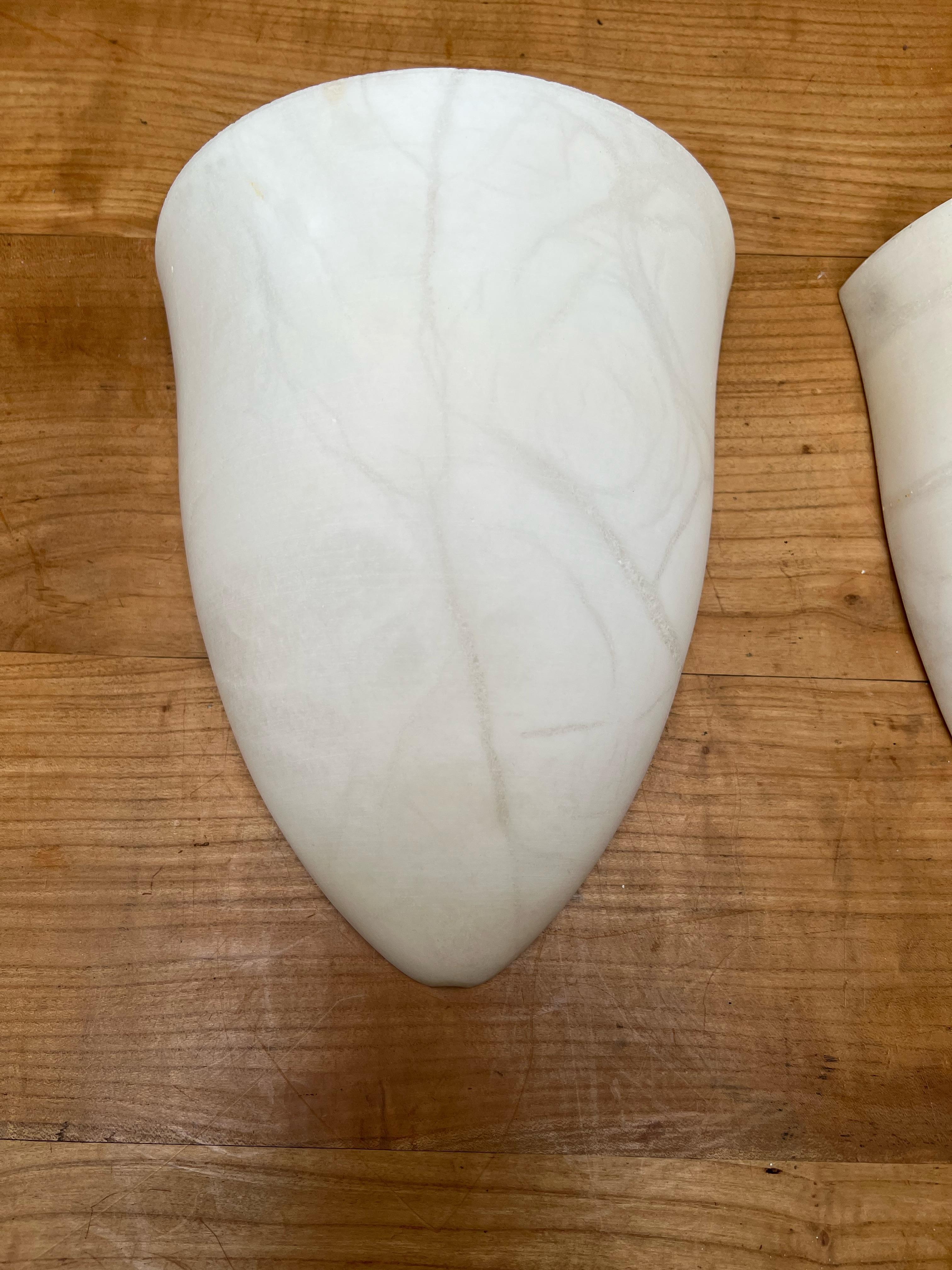 Pair Art Deco Style Midcentury Era Cocoon Shape White Alabaster Wall Sconces For Sale 11