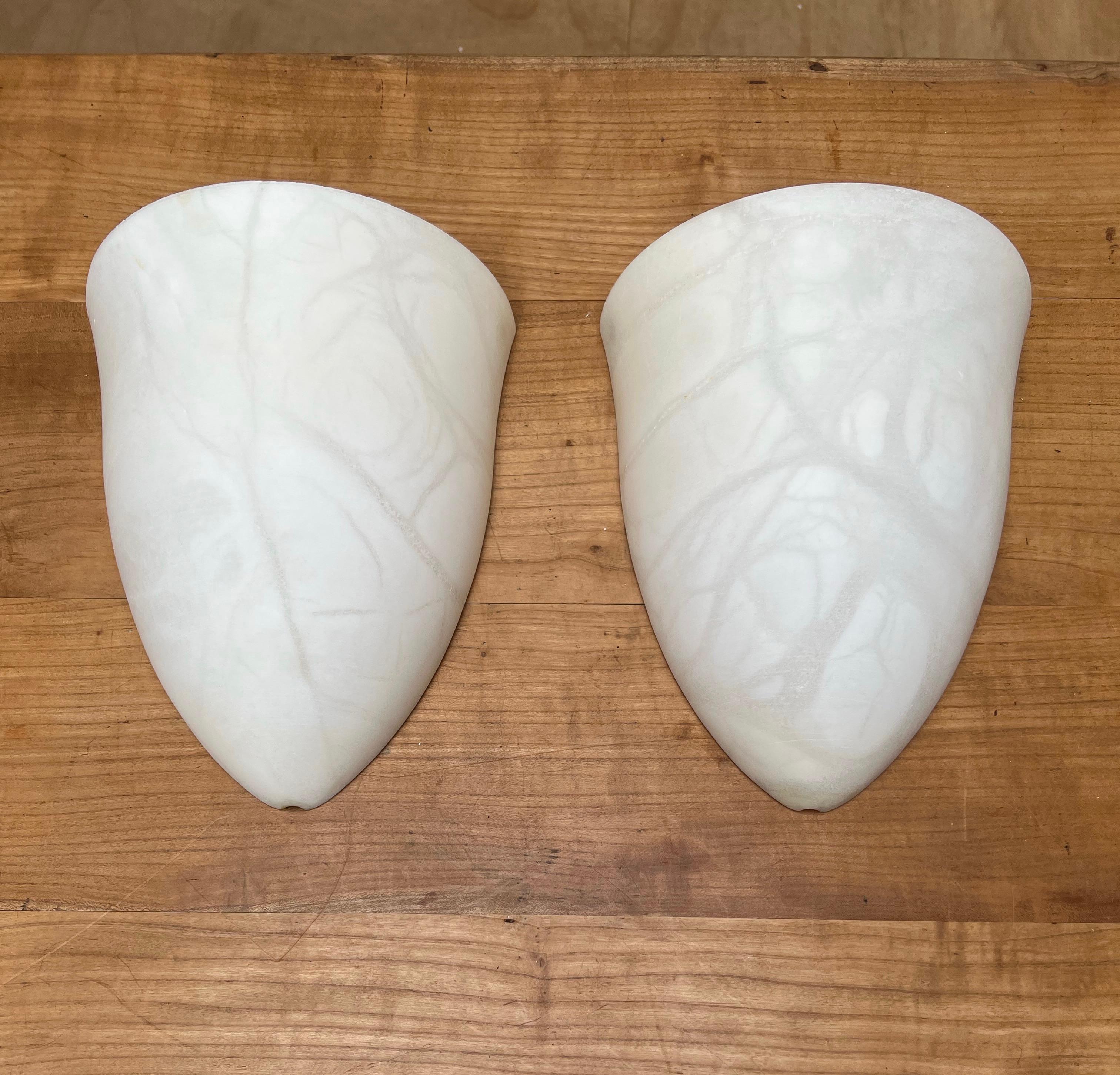 Pair Art Deco Style Midcentury Era Cocoon Shape White Alabaster Wall Sconces For Sale 12