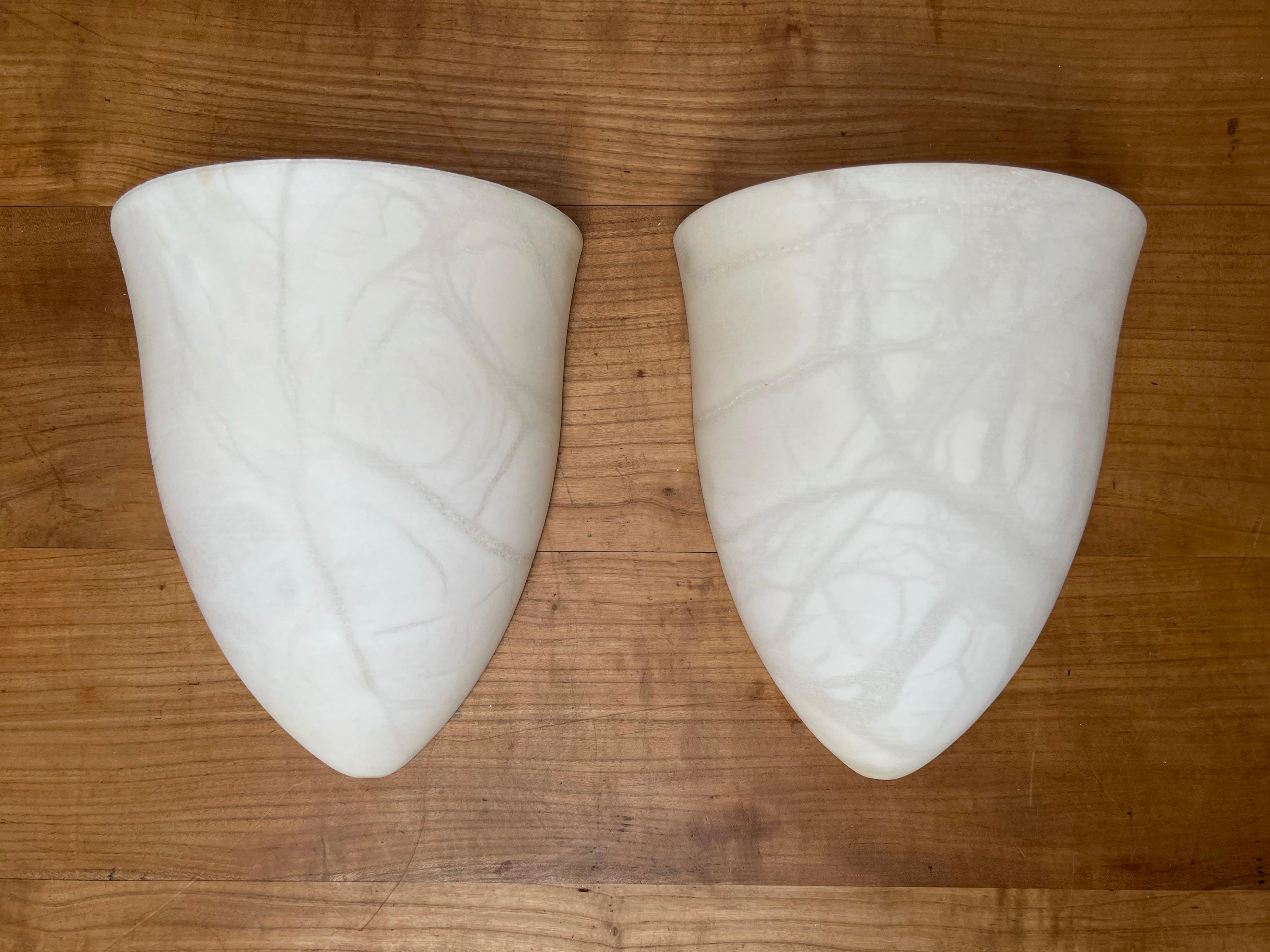 20th Century Pair Art Deco Style Midcentury Era Cocoon Shape White Alabaster Wall Sconces For Sale