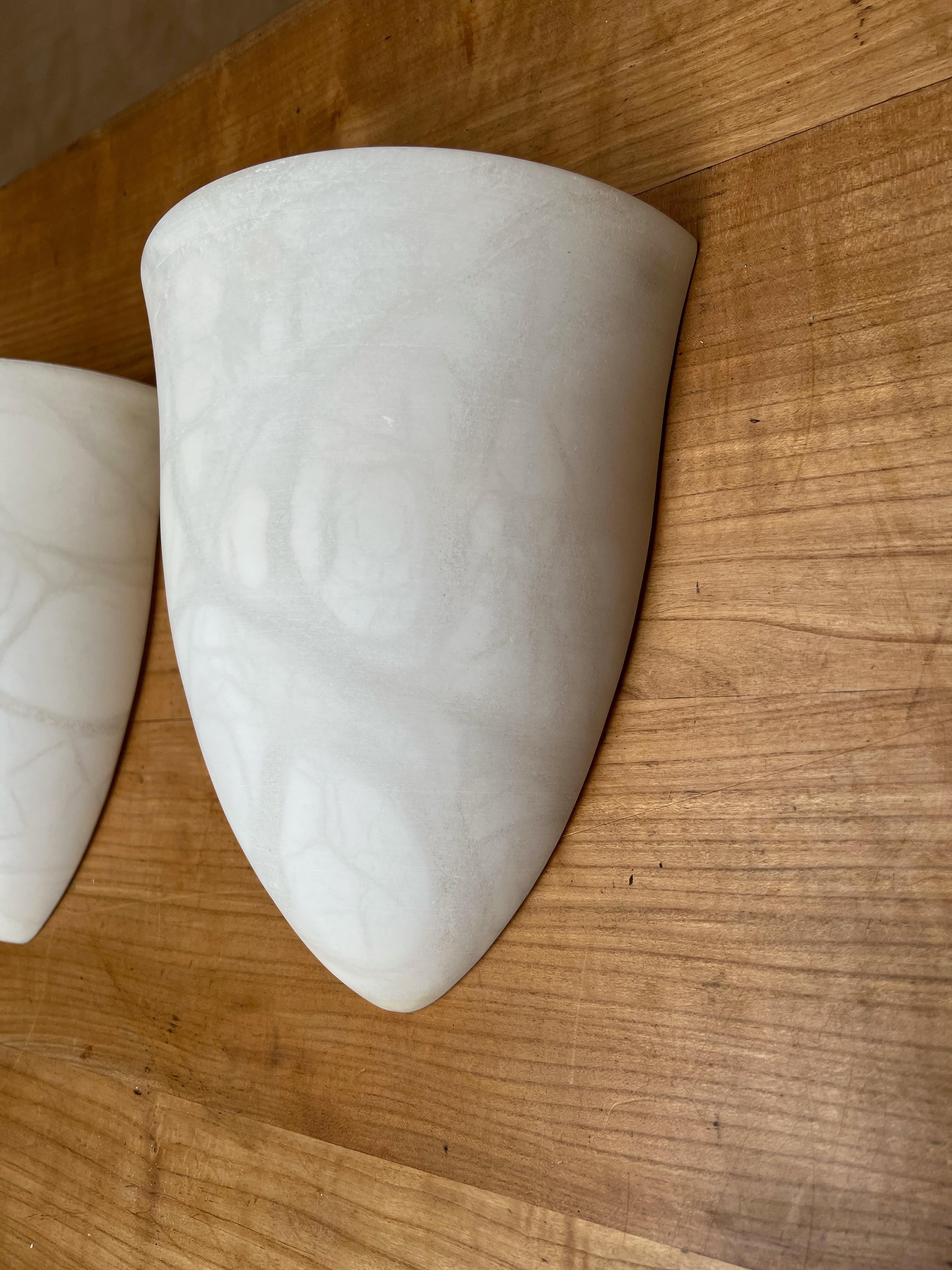 Pair Art Deco Style Midcentury Era Cocoon Shape White Alabaster Wall Sconces For Sale 1