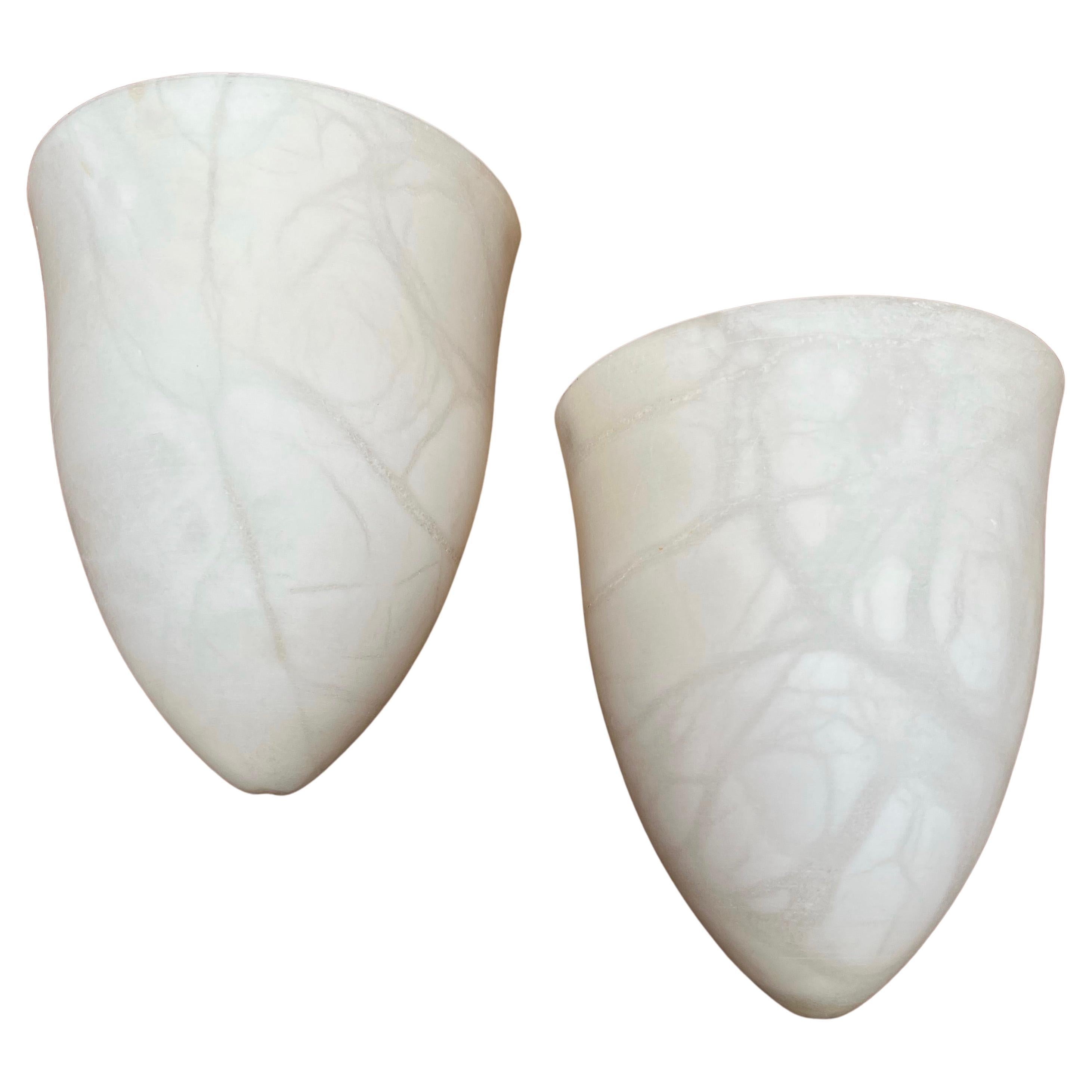 Pair Art Deco Style Midcentury Era Cocoon Shape White Alabaster Wall Sconces For Sale