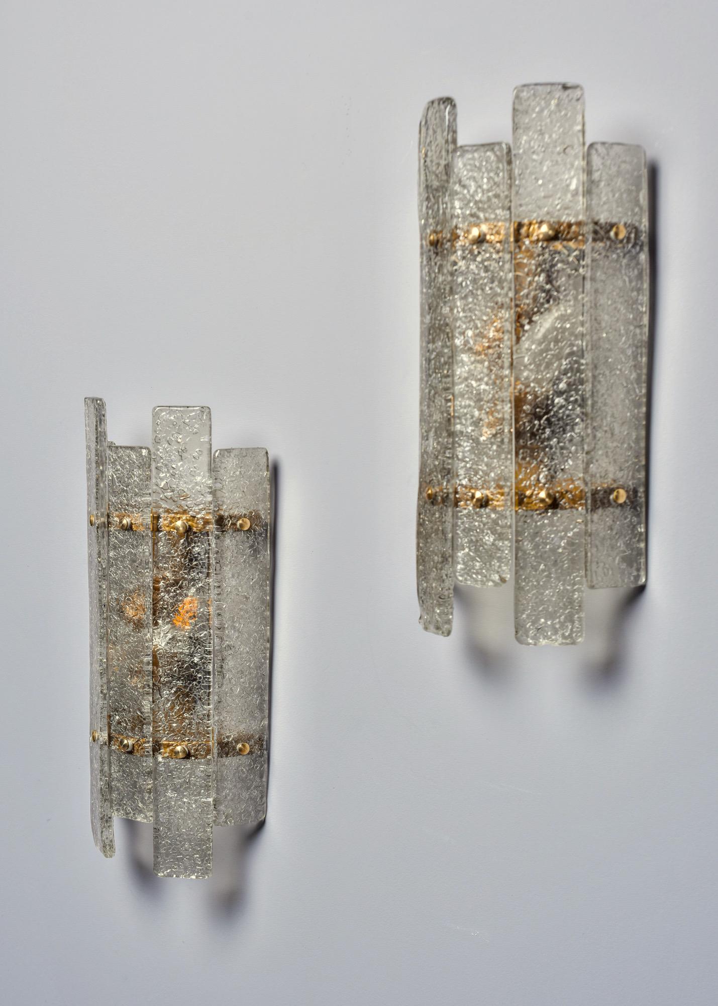 Contemporary Pair of Art Deco Style Sconces with Murano Glass Panels and Brass Fittings