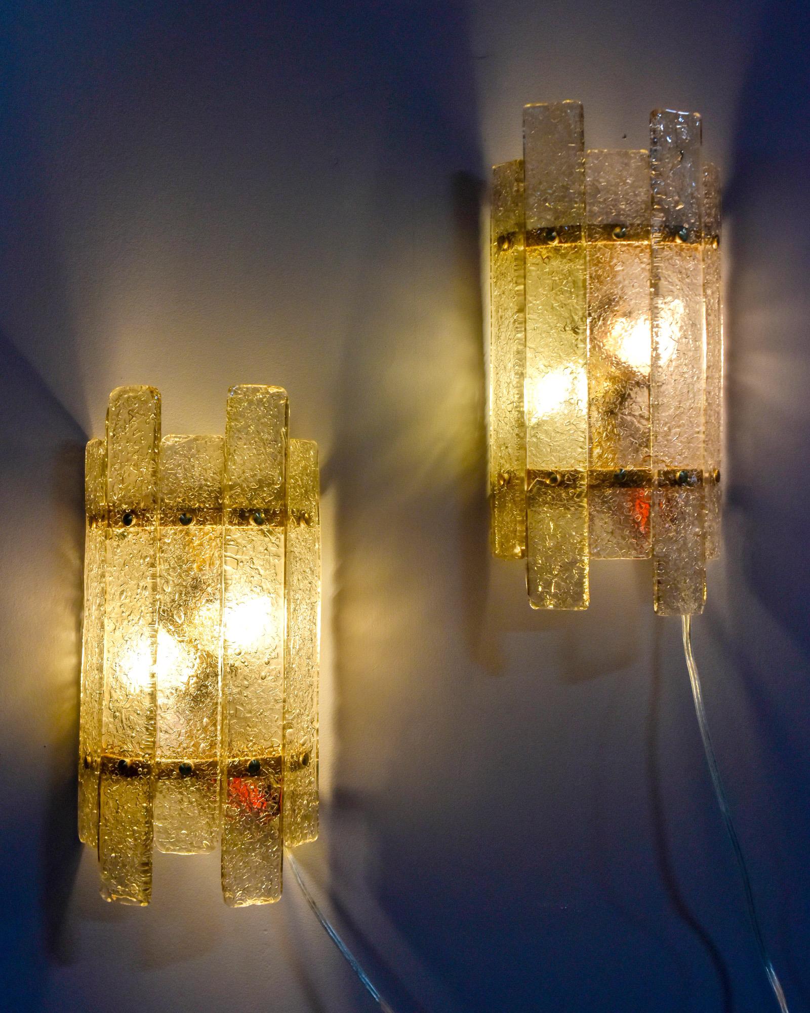 Pair of Art Deco Style Sconces with Murano Glass Panels and Brass Fittings 3