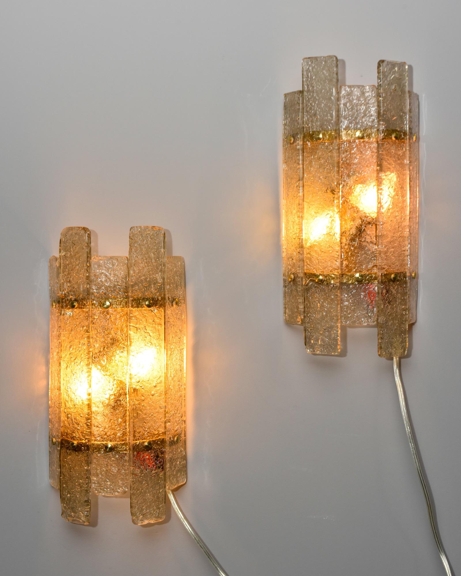 Pair of Art Deco Style Sconces with Murano Glass Panels and Brass Fittings 4