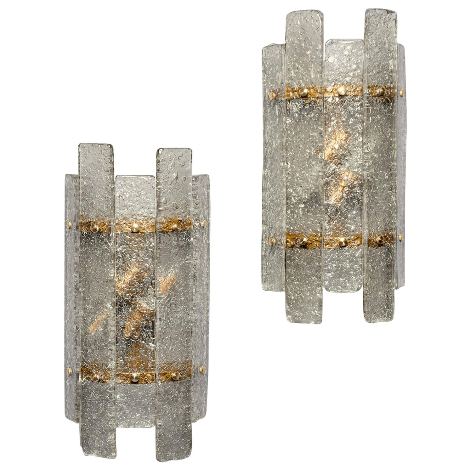 Pair of Art Deco Style Sconces with Murano Glass Panels and Brass Fittings