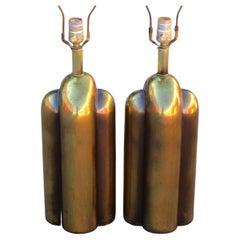 Pair Art Deco Style Streamlined Brass Table Lamps Westwood Industries 1970's