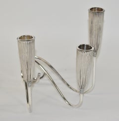 Pair Art Deco Triple Branch Fluted Silver Plated Candlestick Holders by Napier