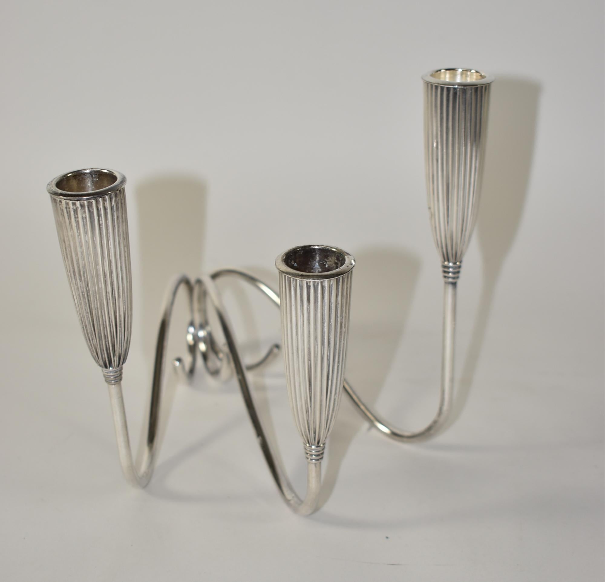 Early 20th Century Pair Art Deco Triple Branch Fluted Silver Plated Candlestick Holders by Napier For Sale