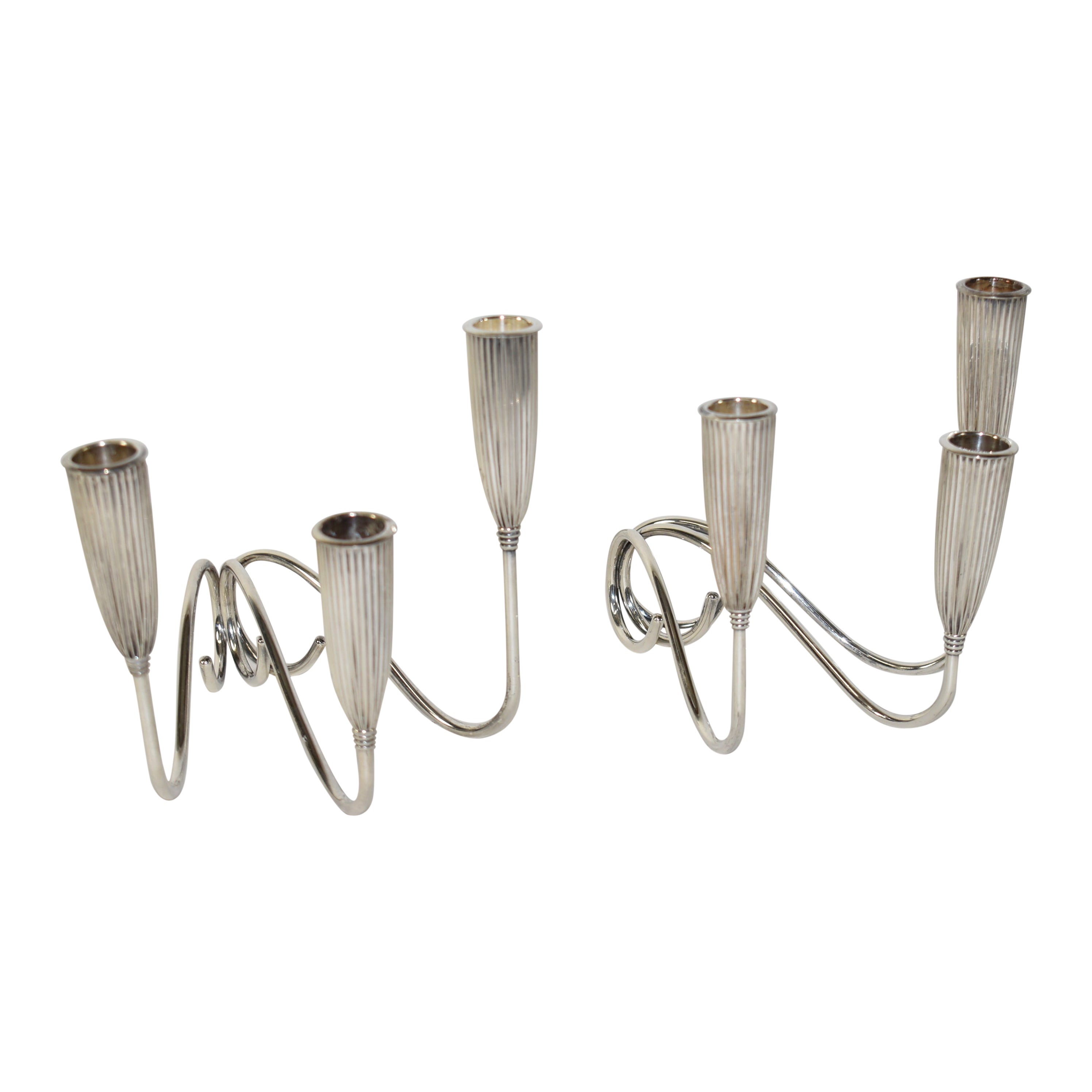 Pair Art Deco Triple Branch Fluted Silver Plated Candlestick Holders by Napier