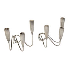 Pair Art Deco Triple Branch Fluted Silver Plated Candlestick Holders by Napier
