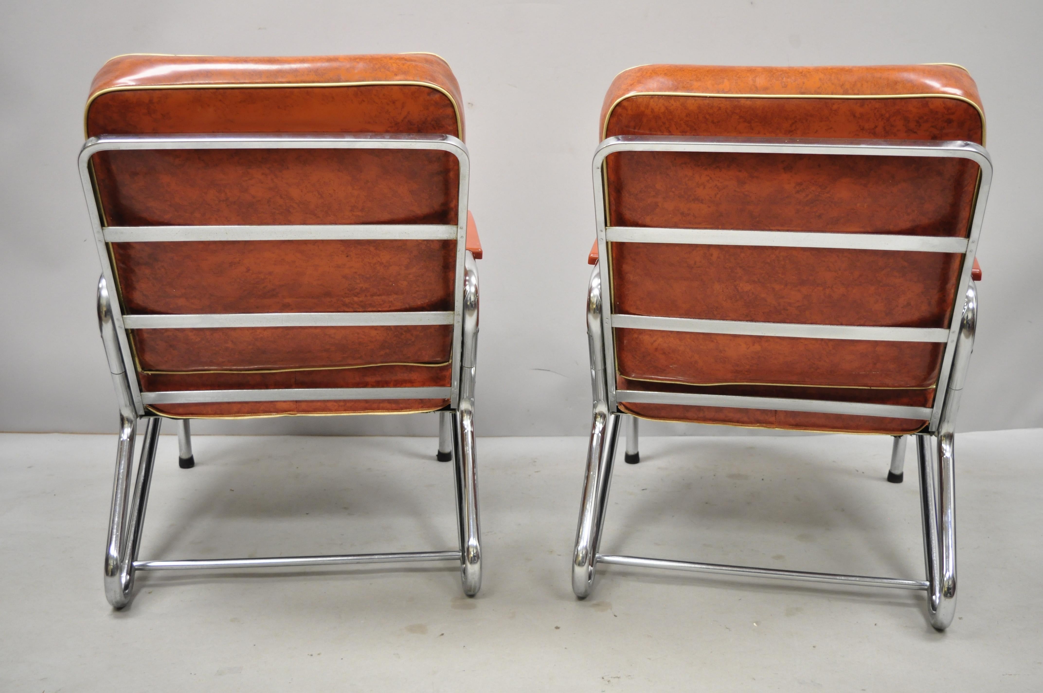 Pair of Art Deco Tubular Chrome Red Vinyl Club Lounge Armchairs Attr. Lloyd Mfg. 5