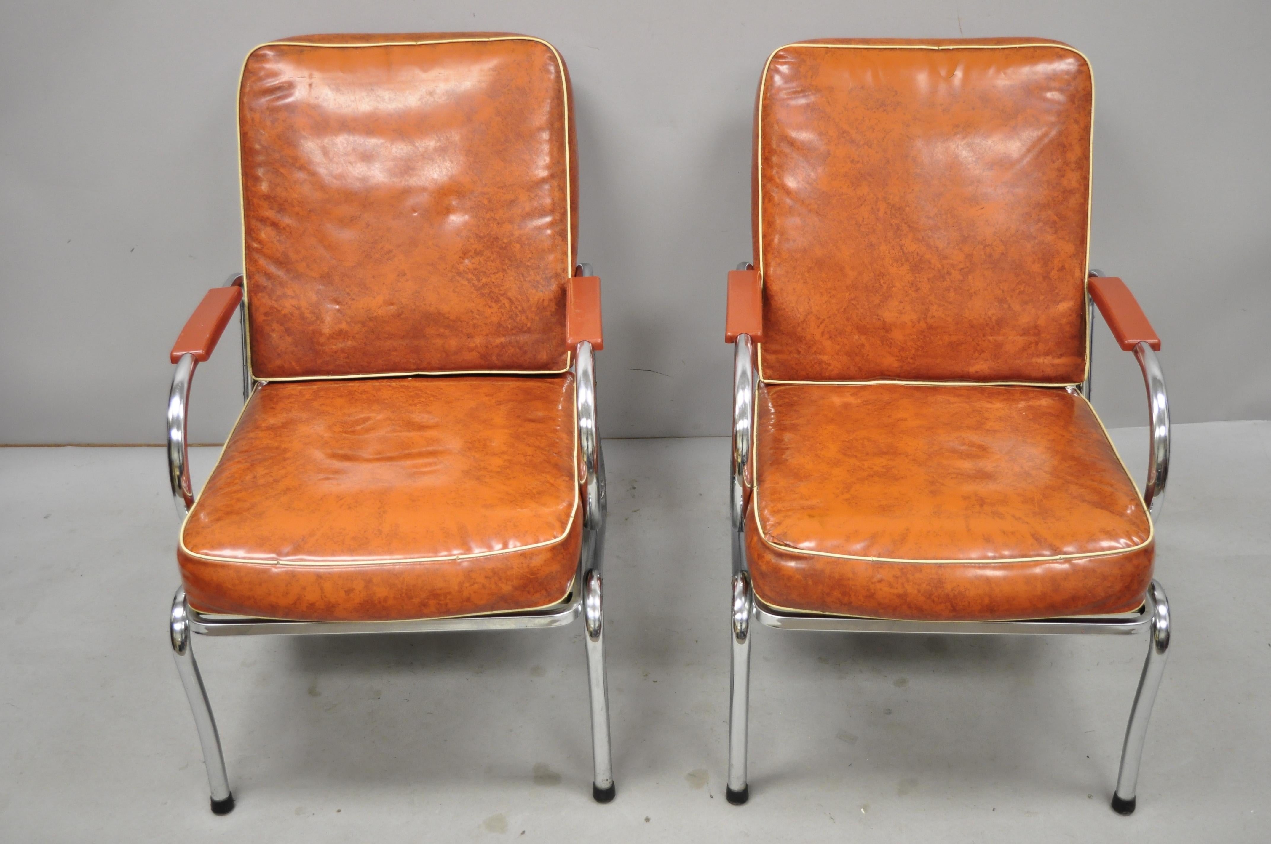 Pair of Art Deco Tubular Chrome Red Vinyl Club Lounge Armchairs Attr. Lloyd  Mfg. For Sale at 1stDibs
